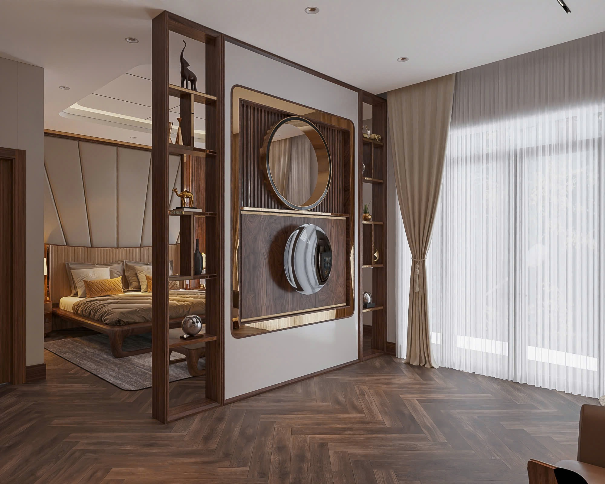 Mẫu vách ngăn trang trí phòng khách hiện đại bằng gỗ veneer óc chó