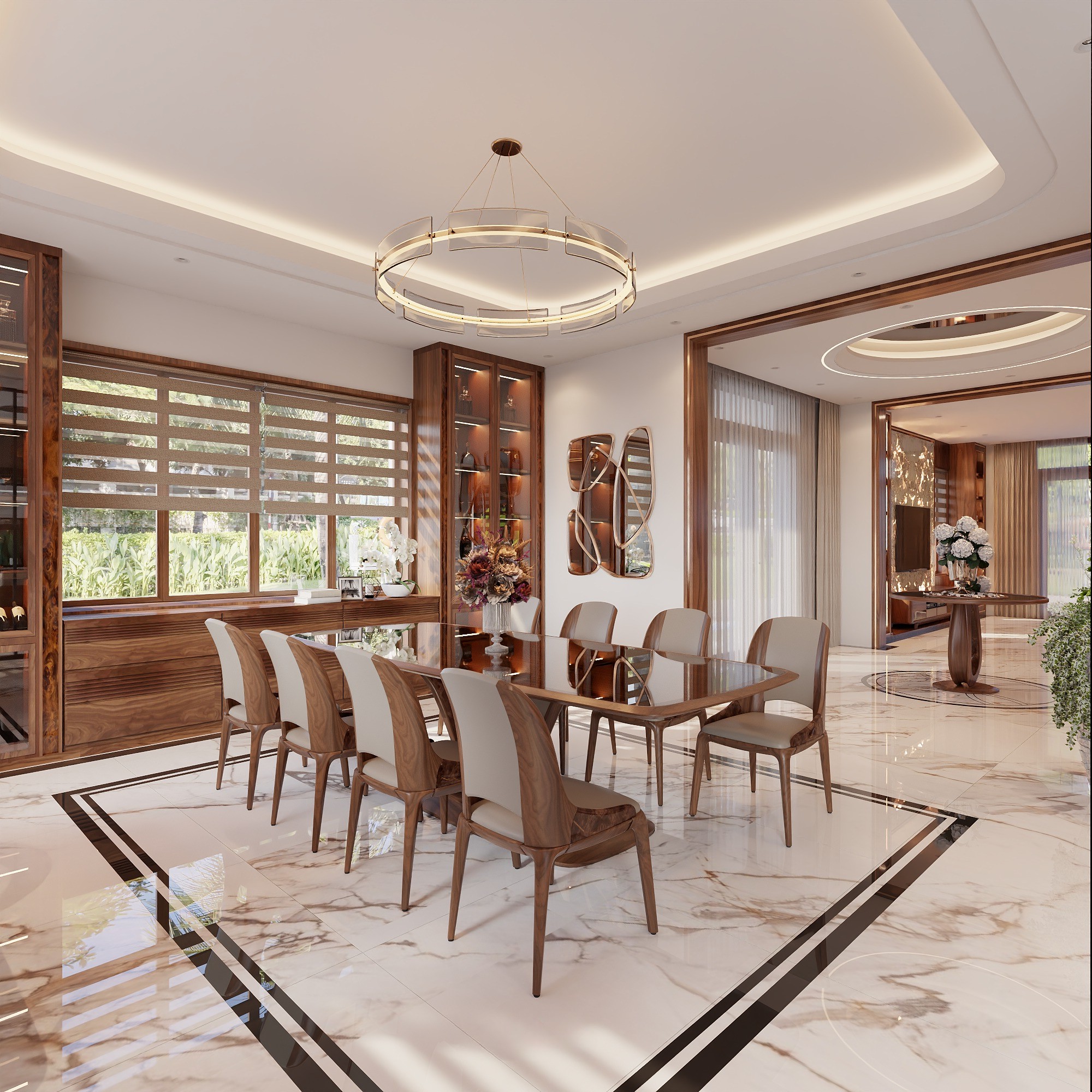 Bàn ăn 8 ghế gỗ óc chó hiện đại mặt kính cường lực sang trọng