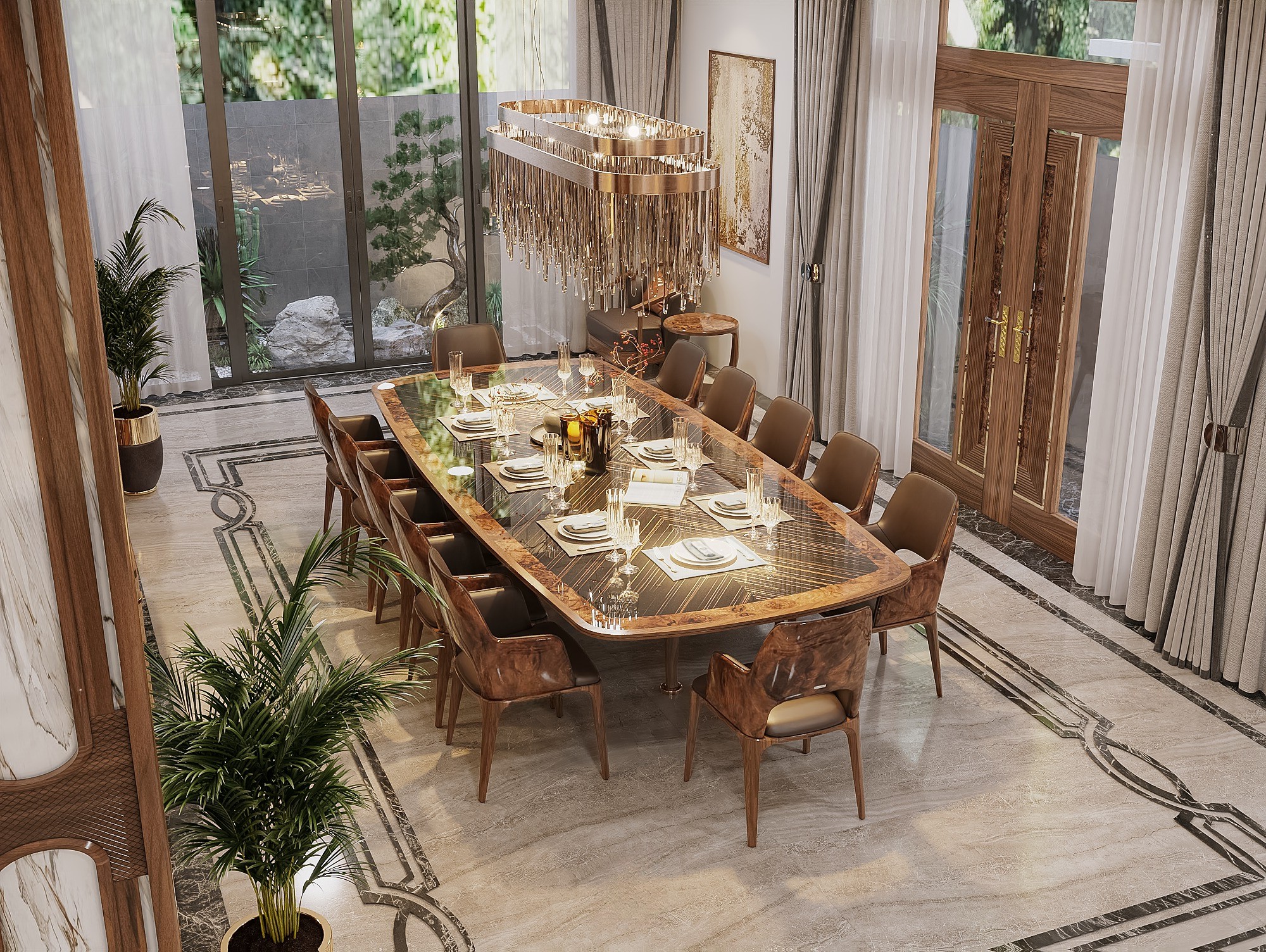 Bàn ăn cao cấp mặt đá đen viền veneer nu, ghế bọc da nâu liền khối, thiết kế dành cho 12 người