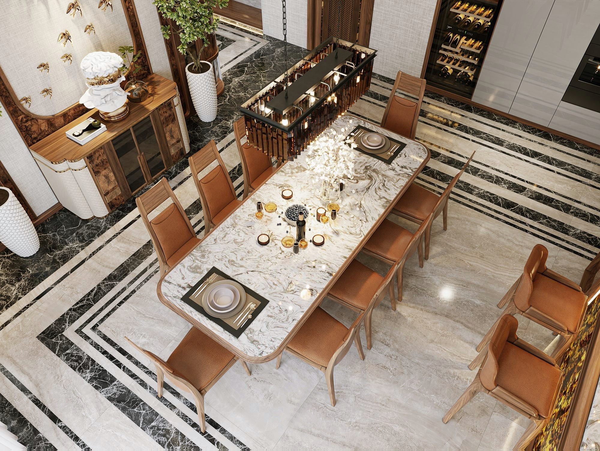 Bàn ăn đẹp hiện đại 10 ghế mặt đá granite trắng vân vàng và ghế da cam