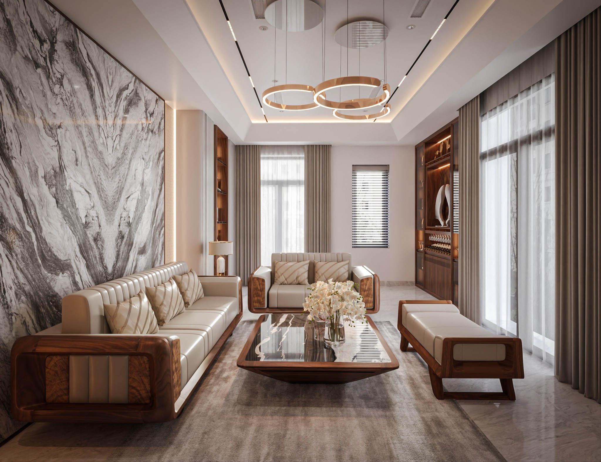 Bộ bàn ghế gỗ phòng khách đẹp bằng gỗ óc chó tự nhiên và bàn trà mặt đá sang trọng