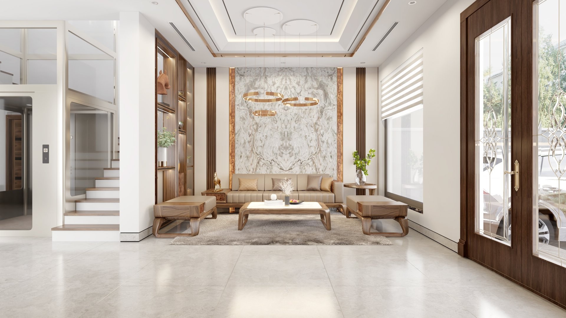 Bàn ghế gỗ phòng khách nhỏ xinh gỗ Tần Bì đặt sát tường