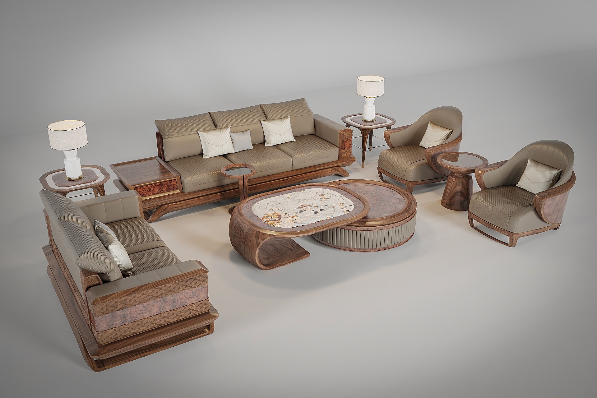 Bộ bàn ghế phòng khách đẹp bằng gỗ óc chó tự nhiên với bàn trà mặt đá marble