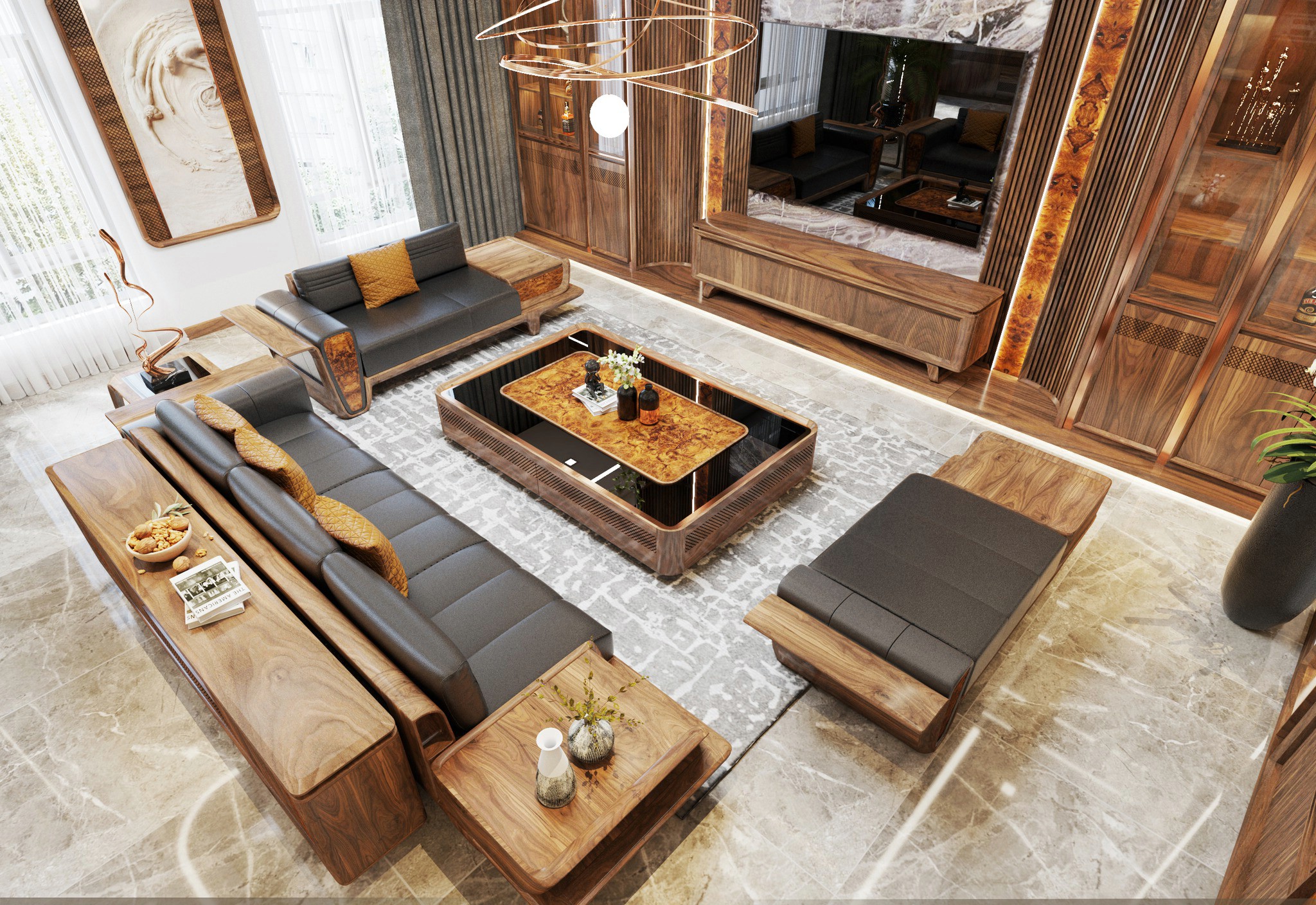 Bộ bàn ghế phòng khách đơn giản hiện đại bằng gỗ óc chó tự nhiên với đệm bọc nỉ hoặc da màu đen