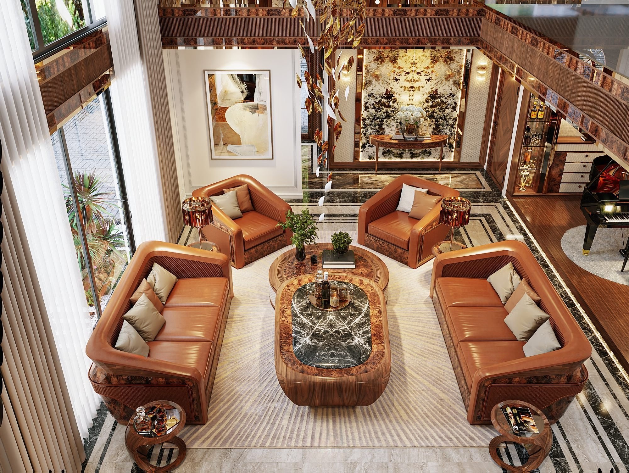 Bàn ghế phòng khách gỗ hiện đại với đệm da cam đất và bàn trà bầu dục – tròn