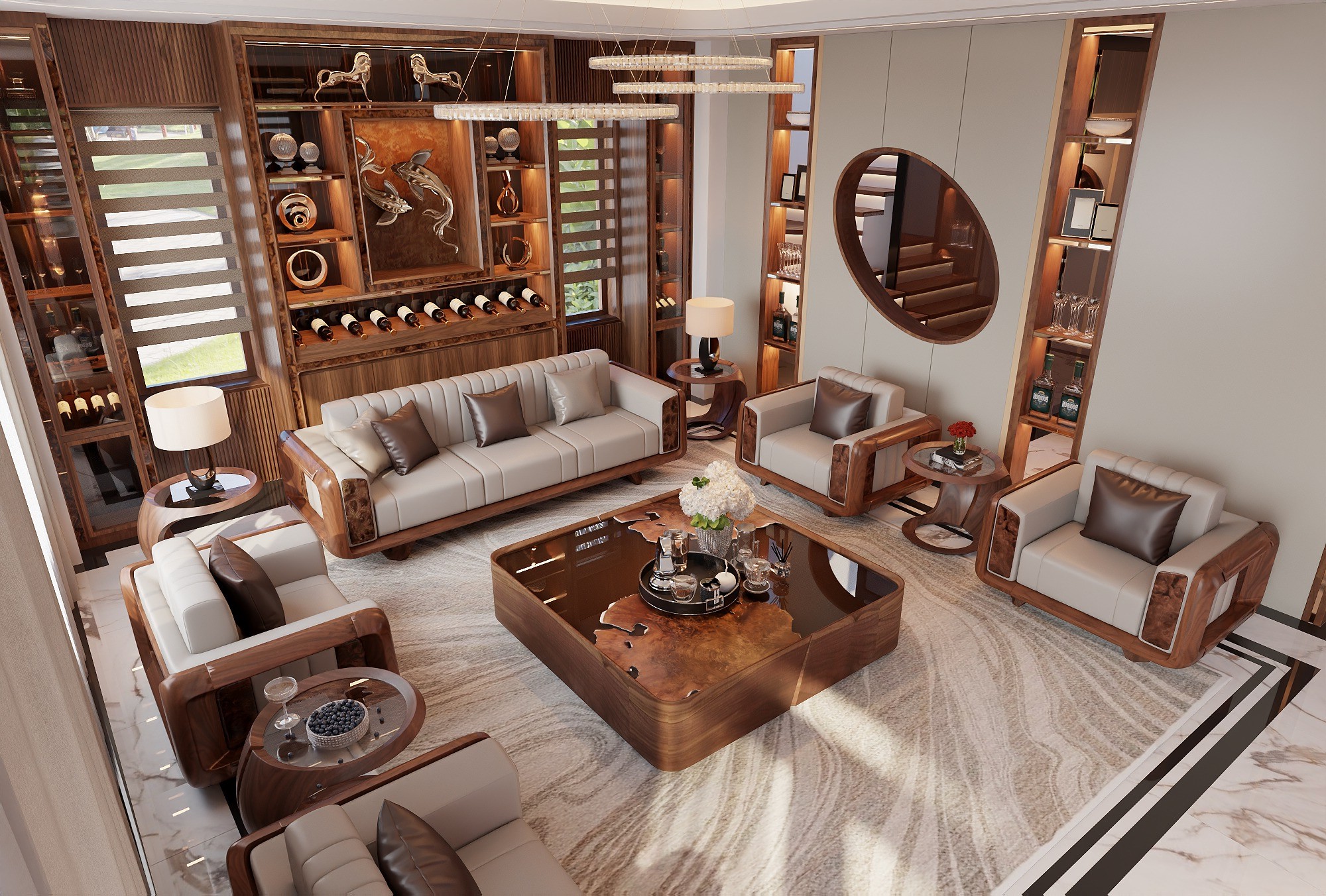 Bộ bàn ghế sofa gỗ phòng khách hiện đại khung gỗ tự nhiên và da be sữa