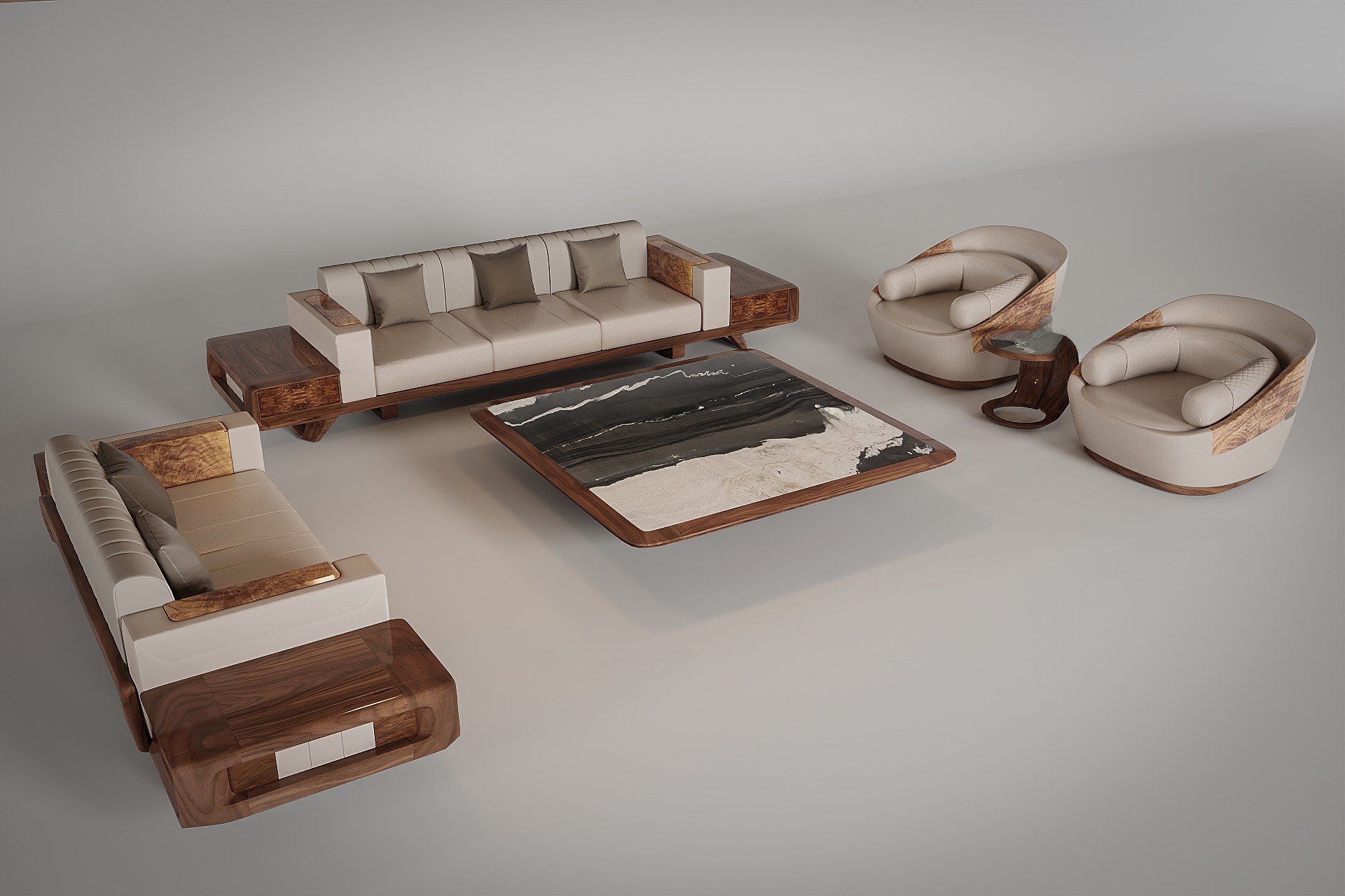 Bộ bàn ghế sofa gỗ tự nhiên với sofa văng, ghế đơn và bàn trà mặt đá