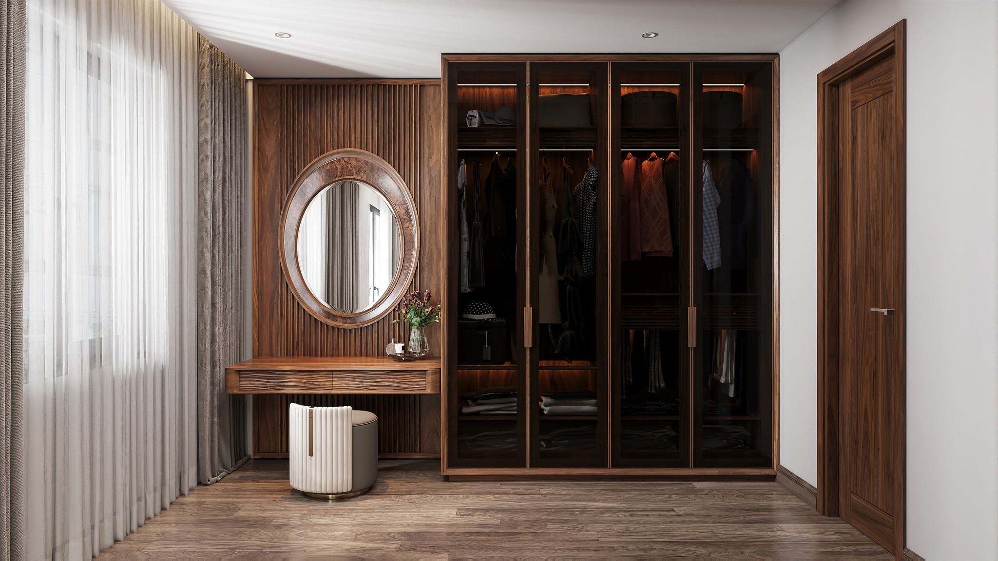 Bàn phấn treo tường gỗ veneer óc chó hiện đại