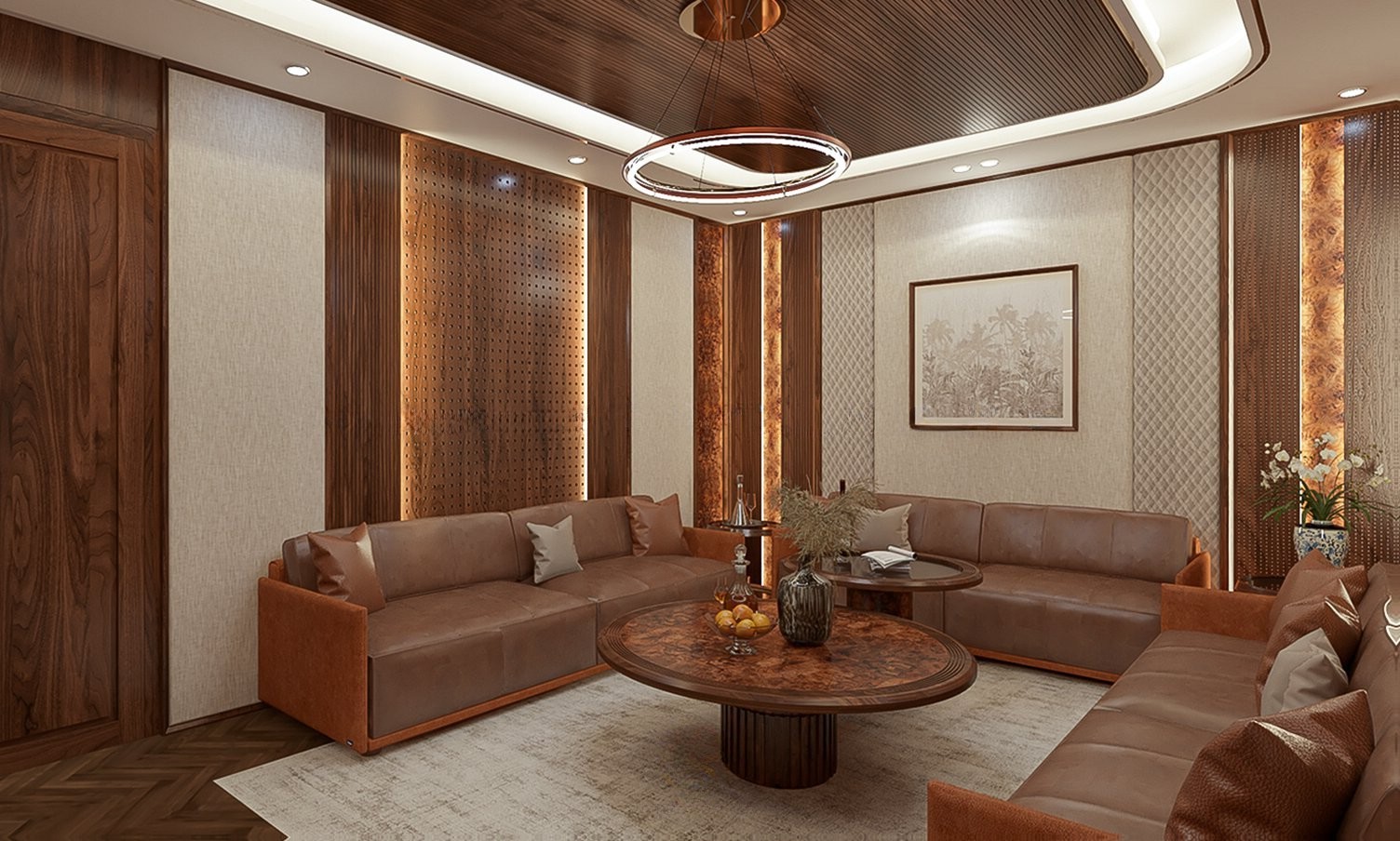 Bàn trà gỗ tròn mặt kính viền gỗ óc chó với chân trụ lam sóng