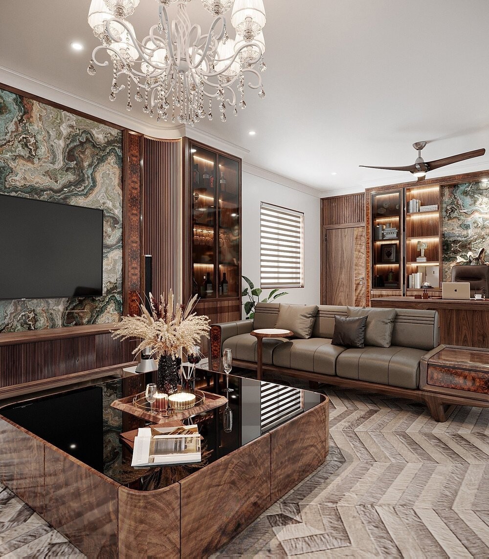 Bàn trà gỗ tự nhiên gỗ sồi Nga mặt kính cường lực đen hình hộp vuông