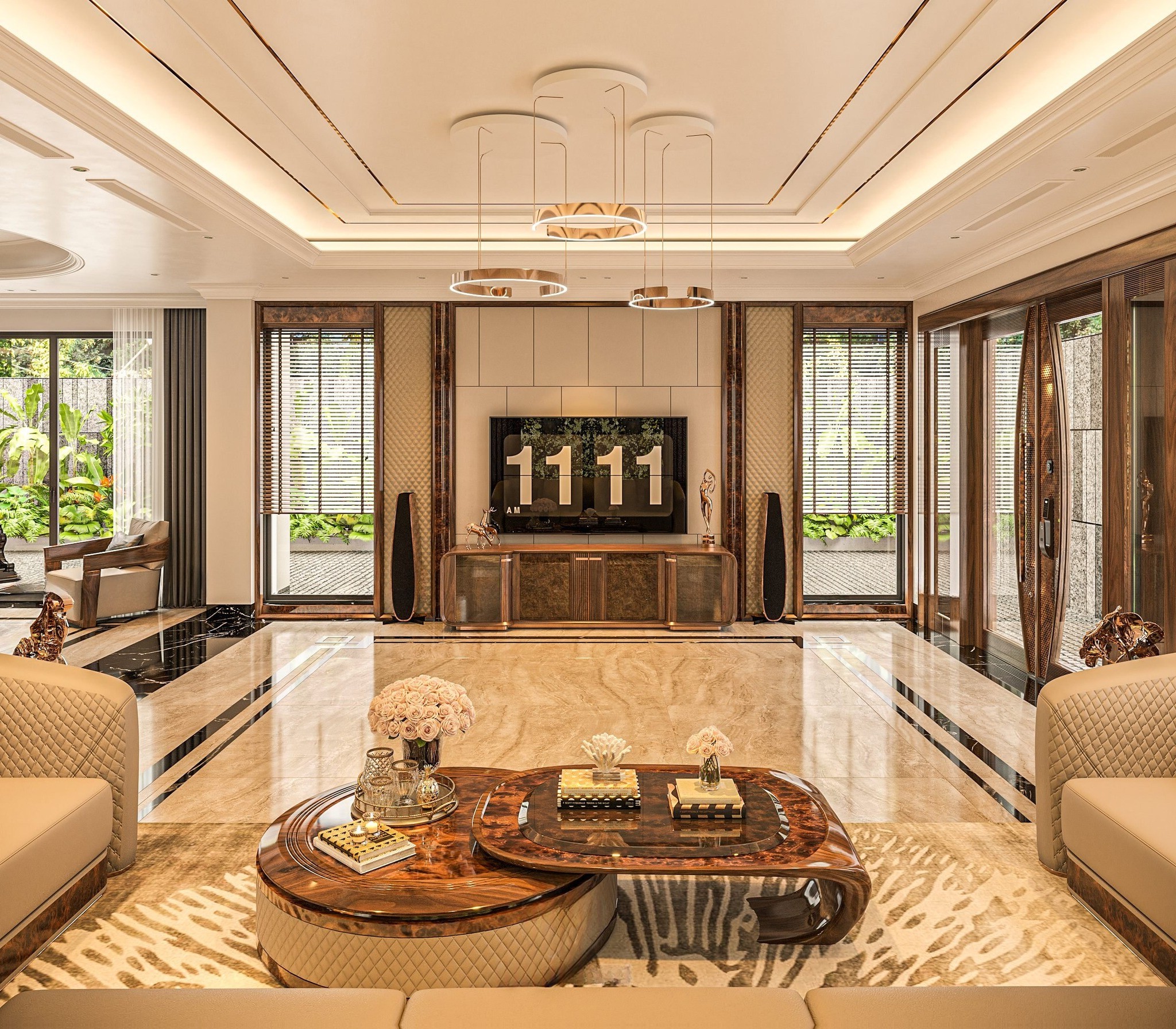 Bàn trà hiện đại hai tầng bằng gỗ óc chó với veneer vân nu và chi tiết bọc da