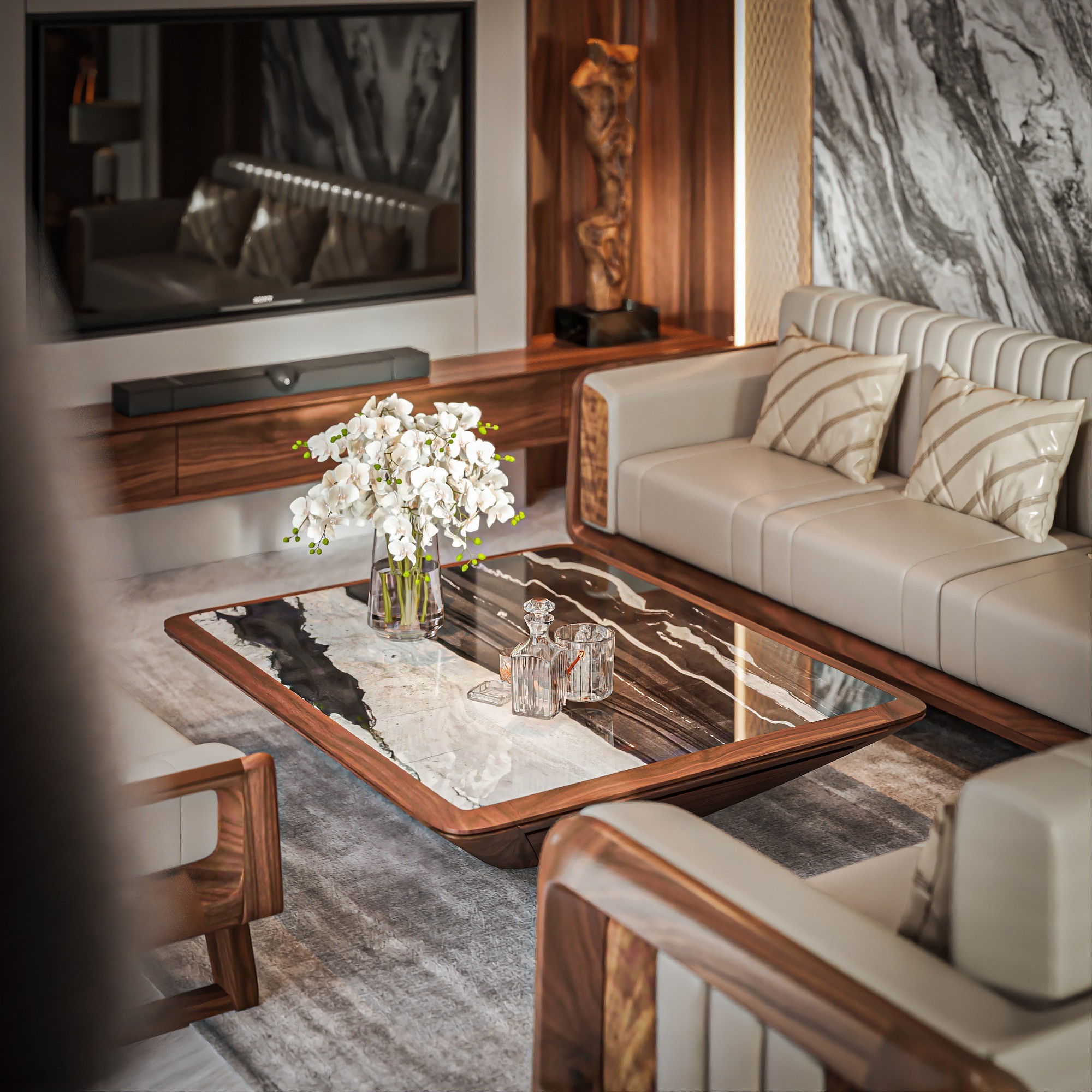 Bàn trà mặt đá cao cấp vân cẩm thạch khung gỗ óc chó sang trọng