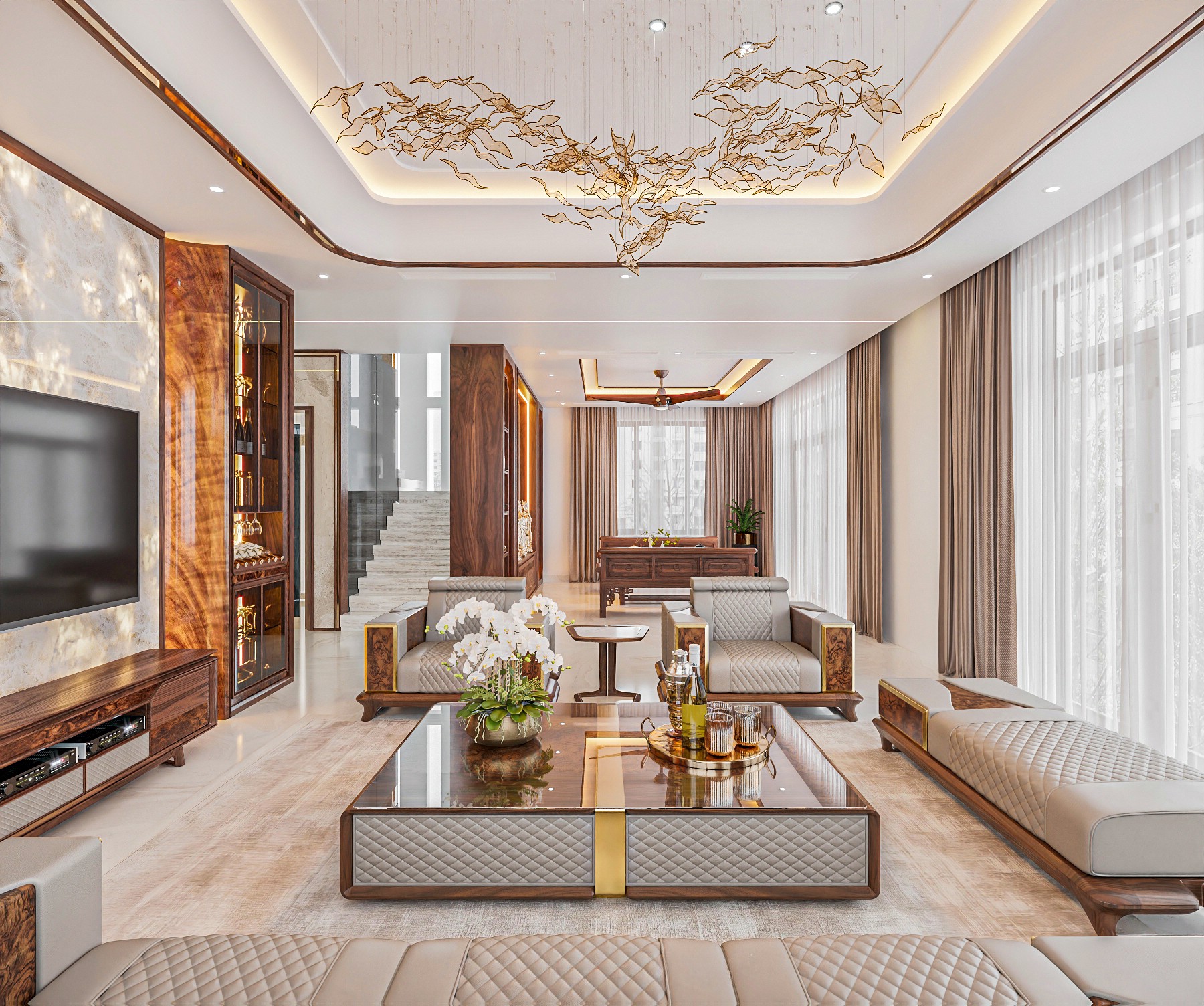 Bàn trà phòng khách đẹp gỗ sồi Mỹ mặt kính kim loại mạ vàng