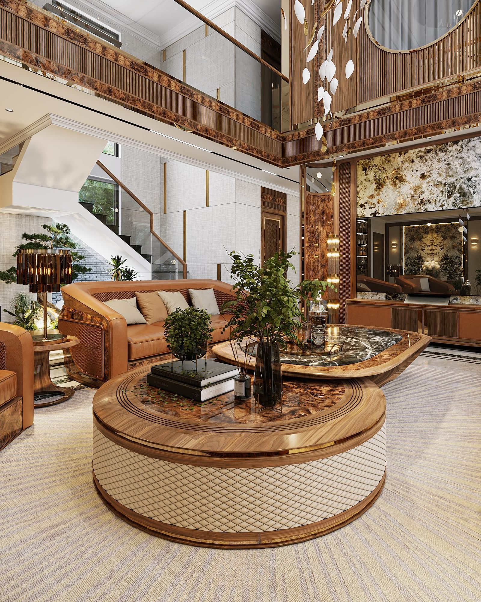 Bàn trà sofa hiện đại 2 tầng tách rời mặt đá Lamar và bàn trụ bọc da