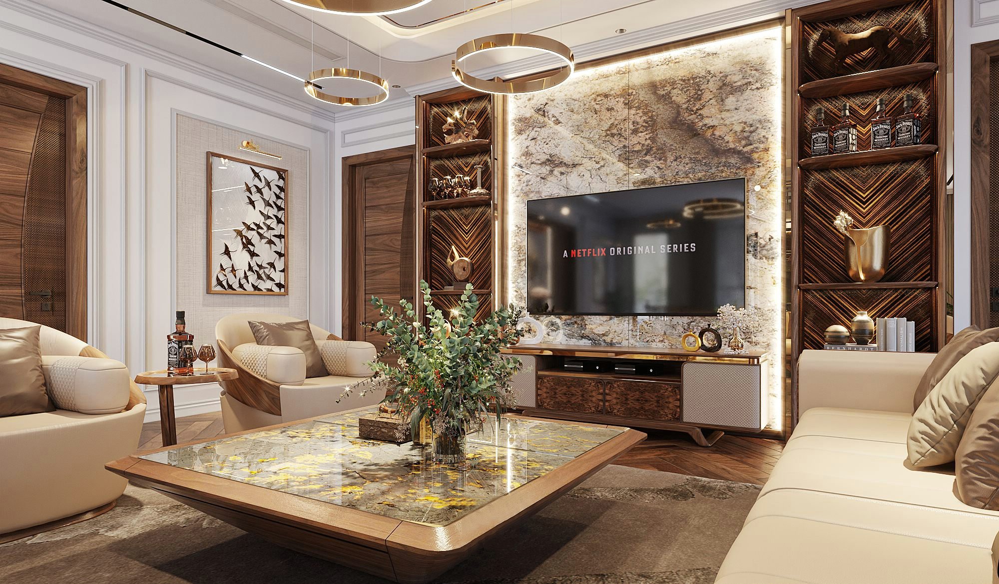 Bàn trà sofa mặt đá Onyx xuyên sáng khung gỗ tự nhiên