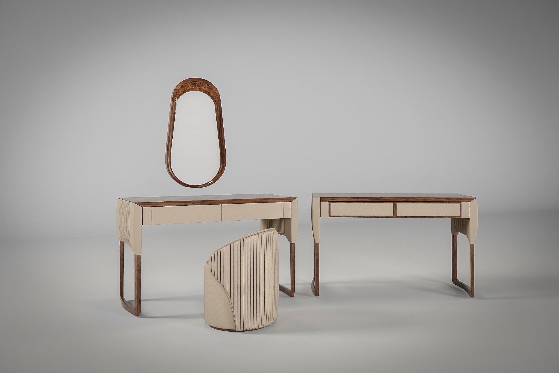 Bàn trang điểm bằng gỗ đẹp nhất với thiết kế ngăn kéo ốp da và gương khung gỗ sang trọng