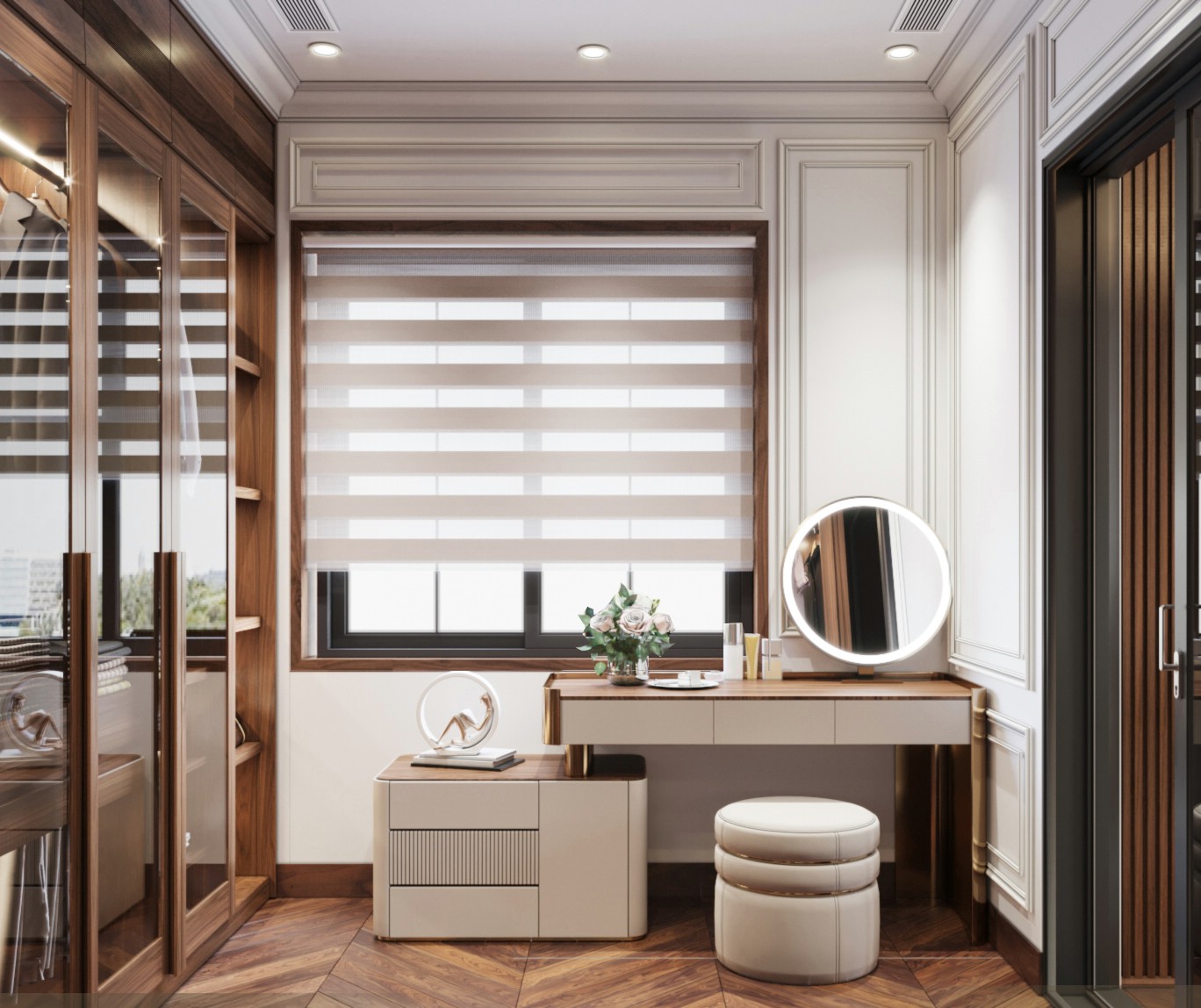 Bàn trang điểm gỗ veneer óc chó sang trọng