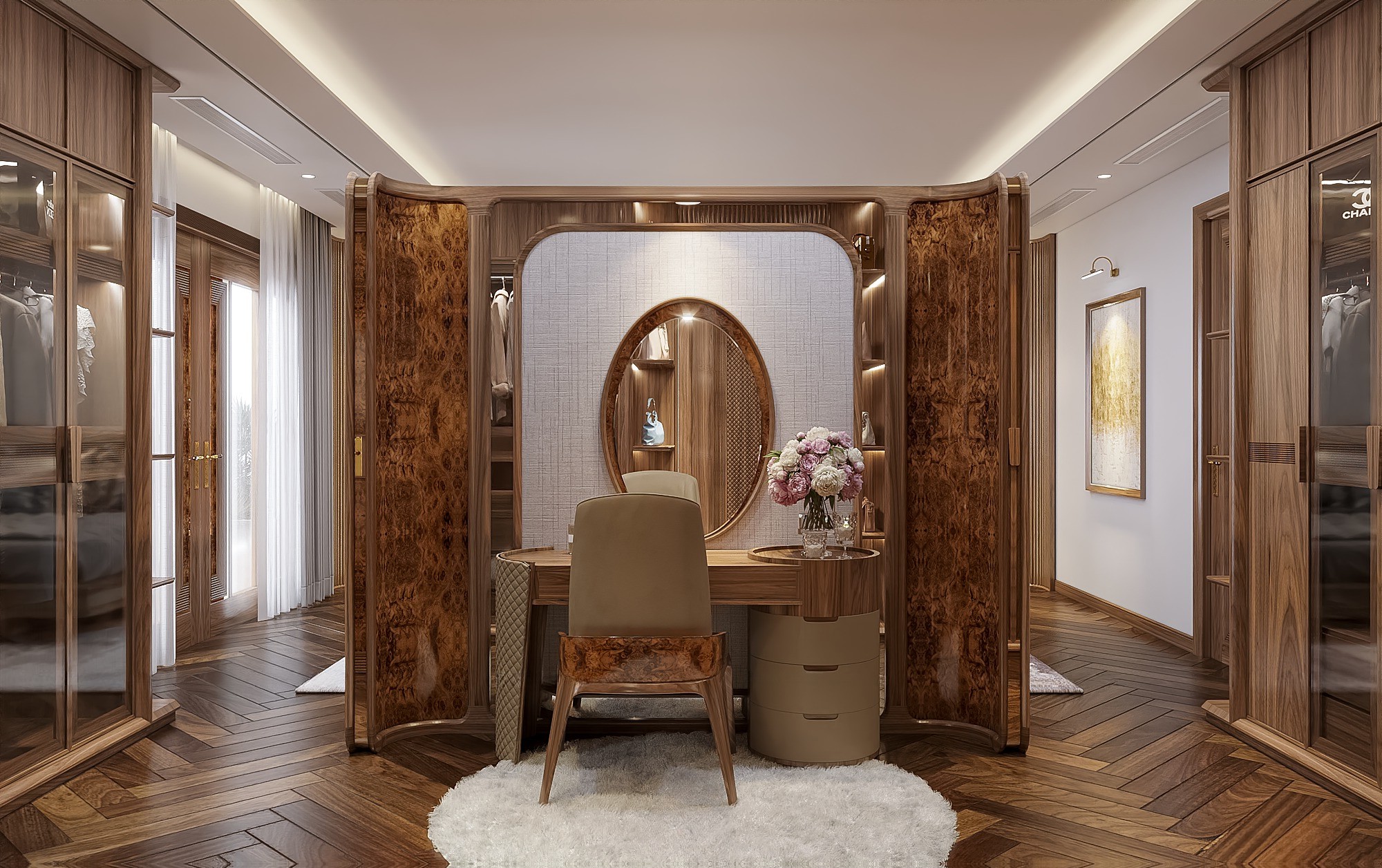 Bàn trang điểm đẹp gỗ sồi tự nhiên với chân bàn độc đáo và gương oval
