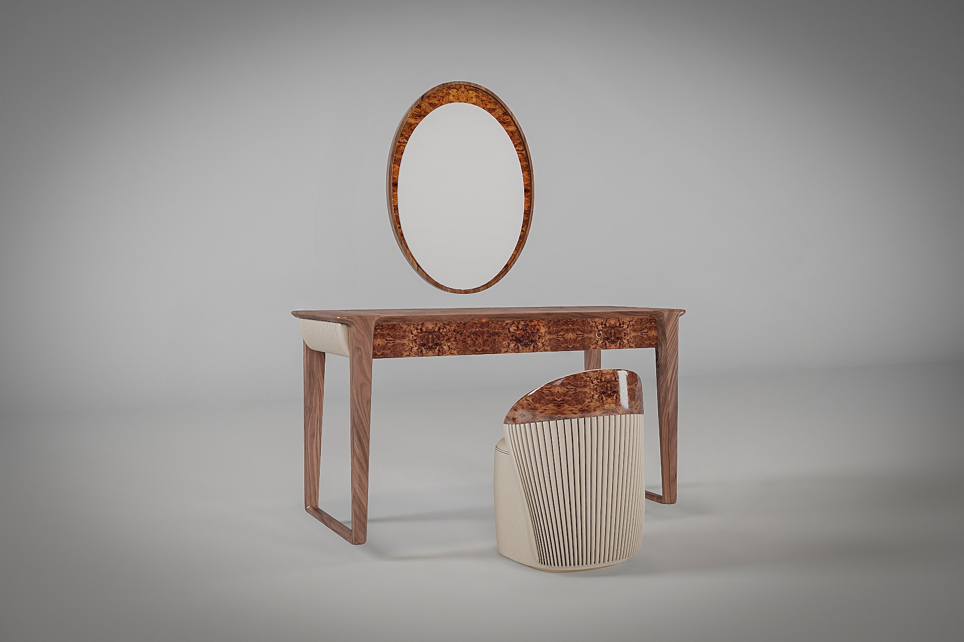 Bàn trang điểm gỗ cao cấp gỗ tự nhiên với ngăn kéo veneer nu và ghế đôn bọc da sang trọng