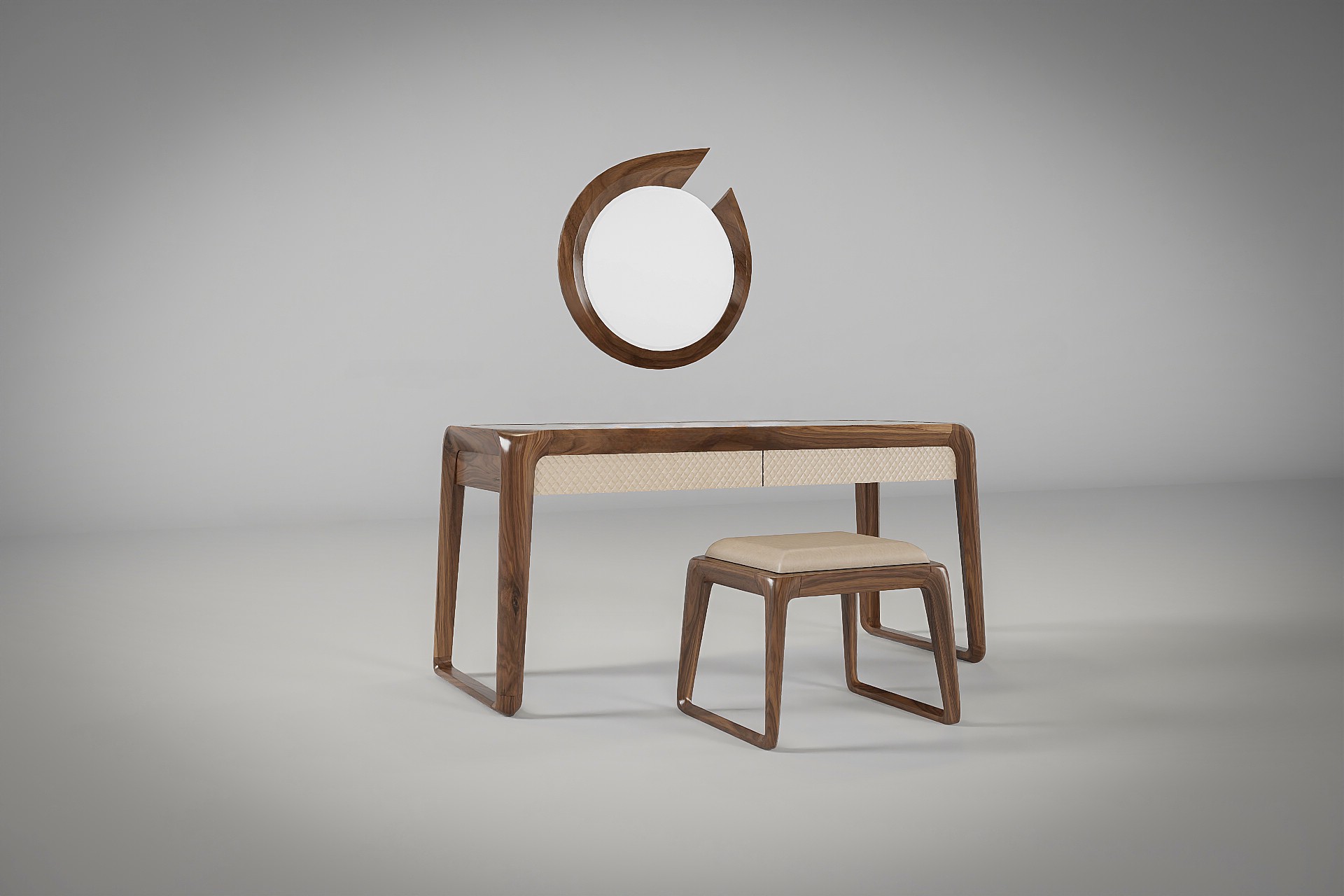 Bàn trang điểm gỗ tự nhiên hiện đại với ghế bọc da be sang trọng