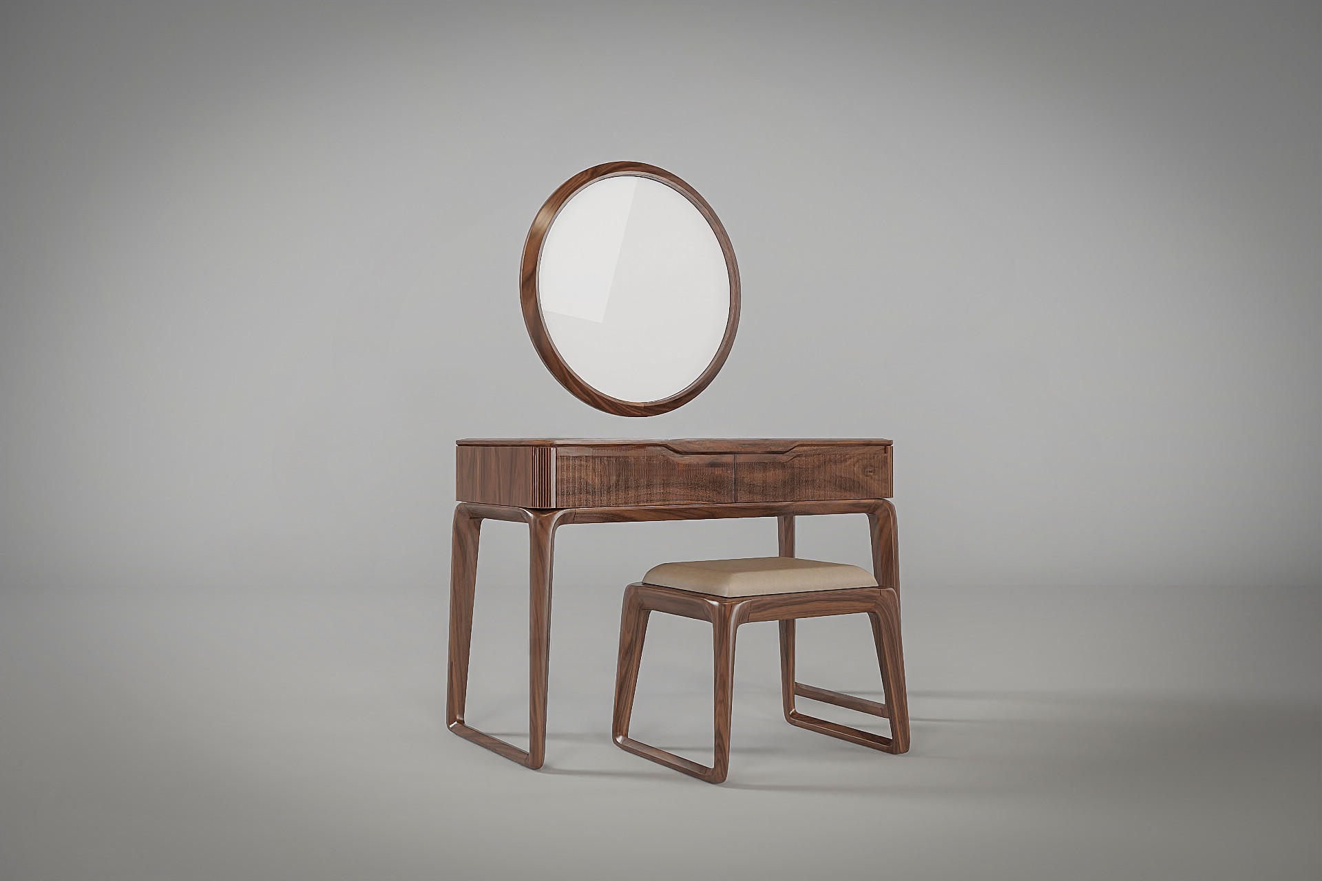 Bàn trang điểm gỗ óc chó tự nhiên bo tròn cạnh với ngăn kéo CNC kẻ sọc dọc và khung chân vuông chắc chắn