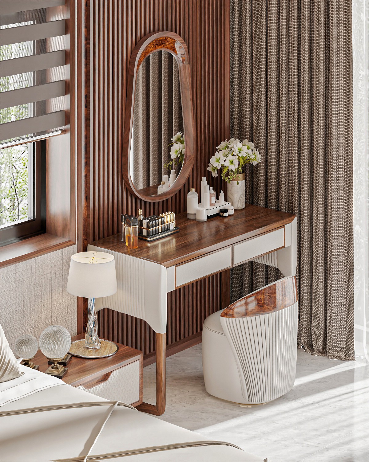 Bàn trang điểm gỗ sồi tự nhiên với gương oval sang trọng