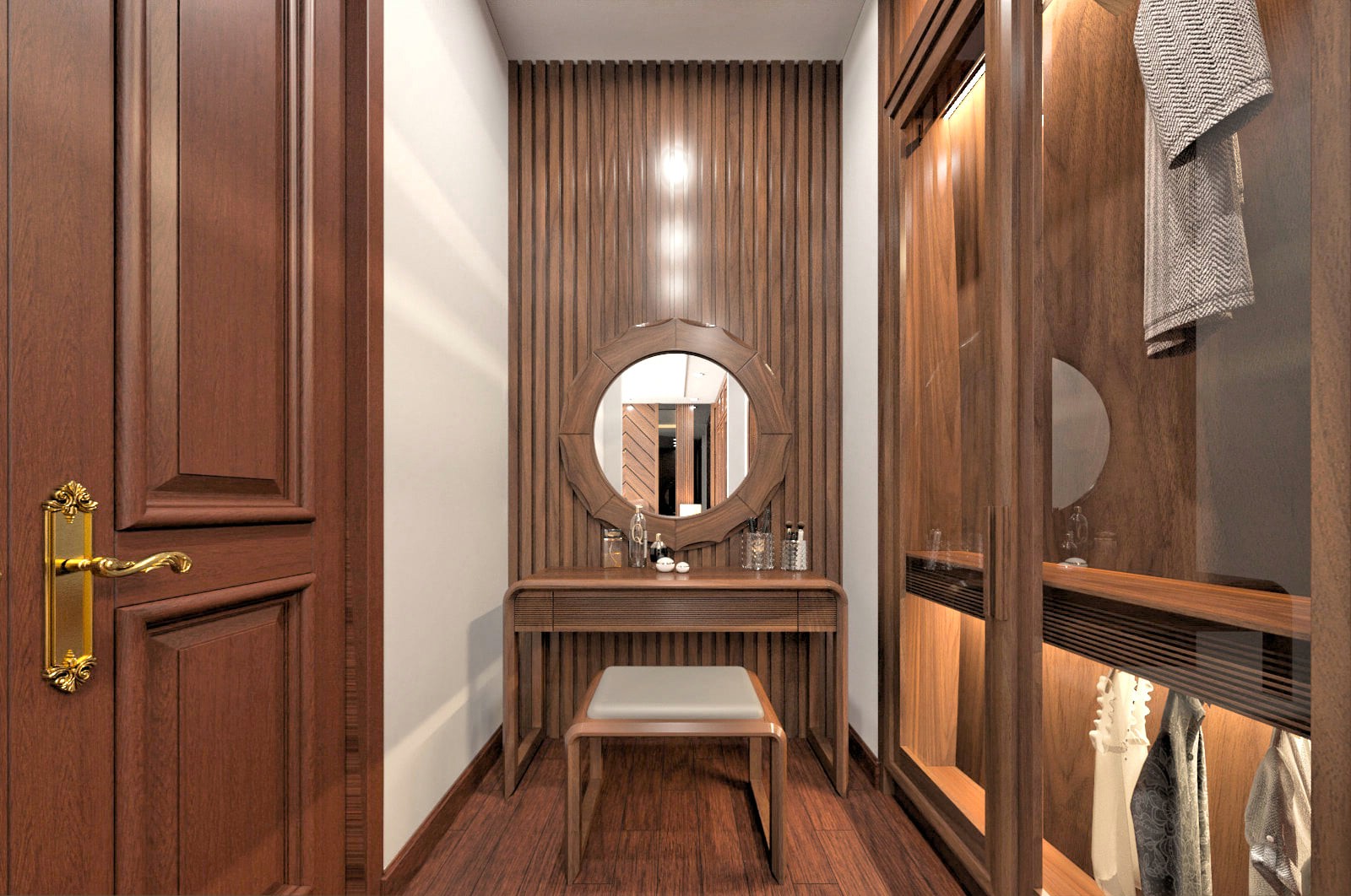 Bàn trang điểm mini gỗ óc chó nhỏ gọn với gương tròn