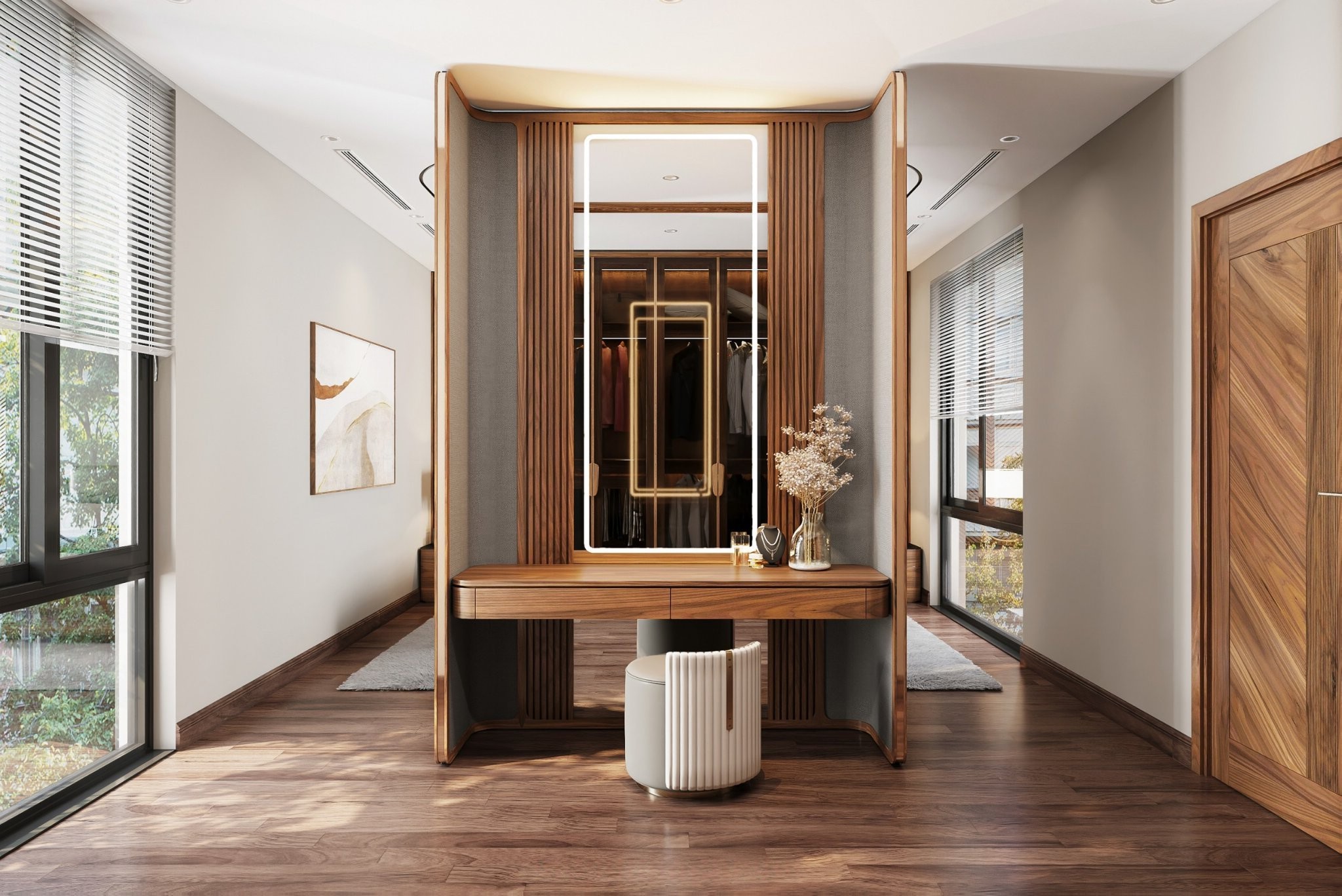 Bàn trang điểm phòng ngủ hiện đại kết hợp vách ngăn và gương led chữ nhật