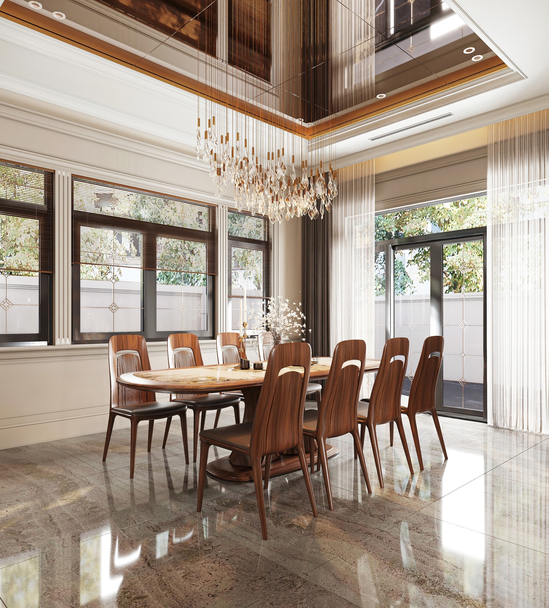 Bộ bàn ăn 8 ghế gỗ óc chó sang trọng