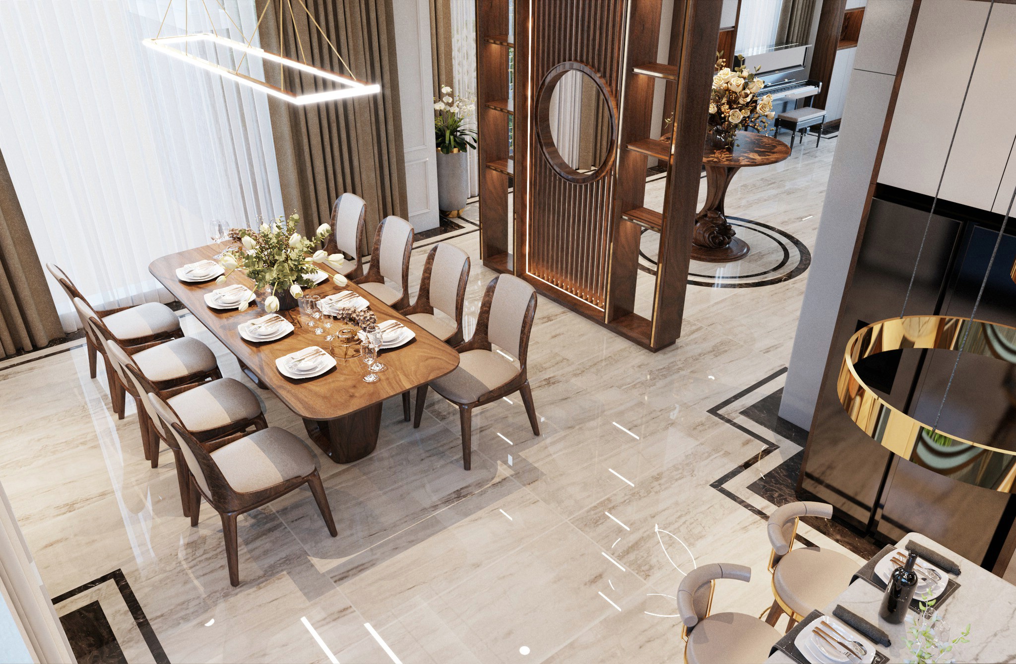 Bộ bàn ăn 8 ghế hiện đại với mặt gỗ ghép bo tròn và ghế bọc nỉ ghi sáng viền veneer nu