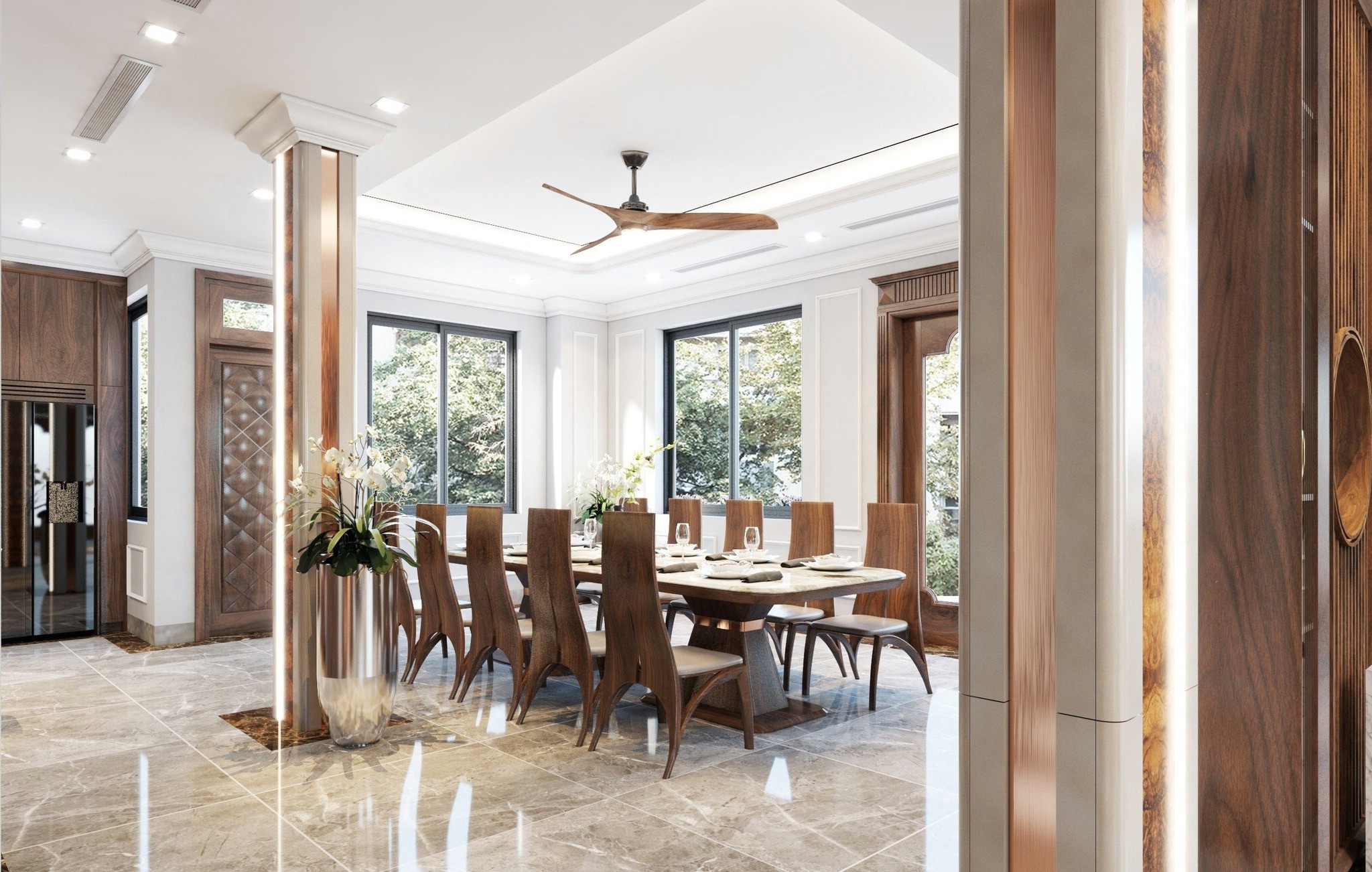 Bộ bàn ăn đẹp hiện đại 10 ghế gỗ óc chó mặt đá trắng loang xám sang trọng