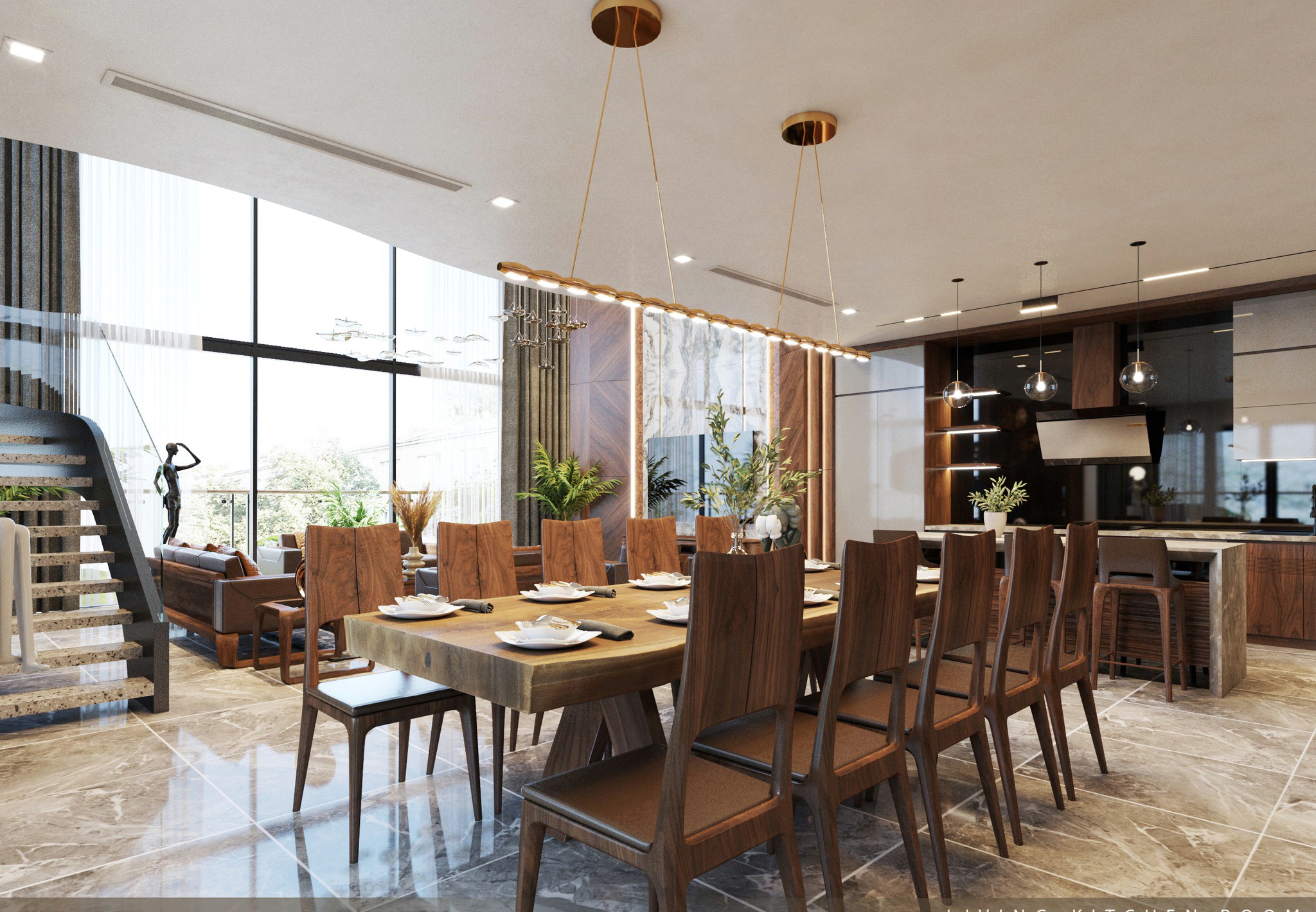 Bộ bàn ăn gỗ cao cấp nguyên tấm với ghế gỗ óc chó và đệm da nâu đen