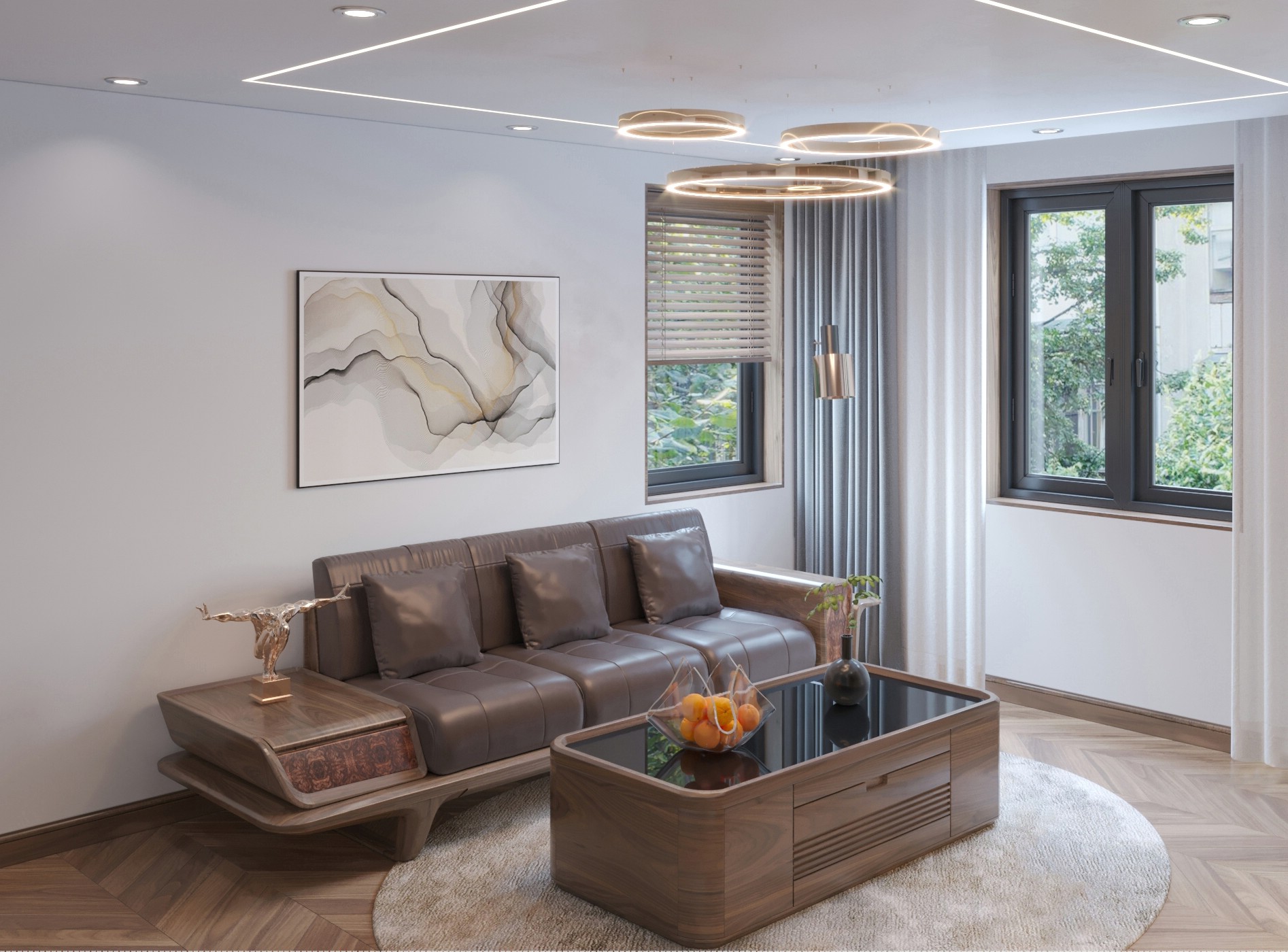 Bộ bàn ghế gỗ phòng khách nhỏ hiện đại với sofa băng và bàn trà hộp chữ nhật