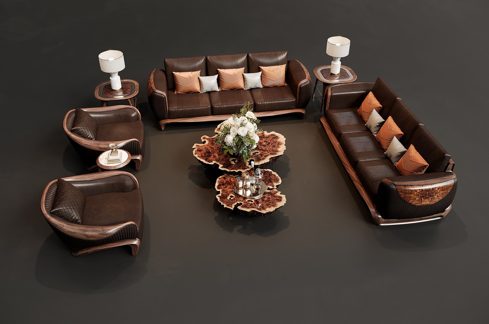 Bộ bàn ghế phòng khách đẹp gỗ tự nhiên với bàn trà nguyên khối phủ veneer nu