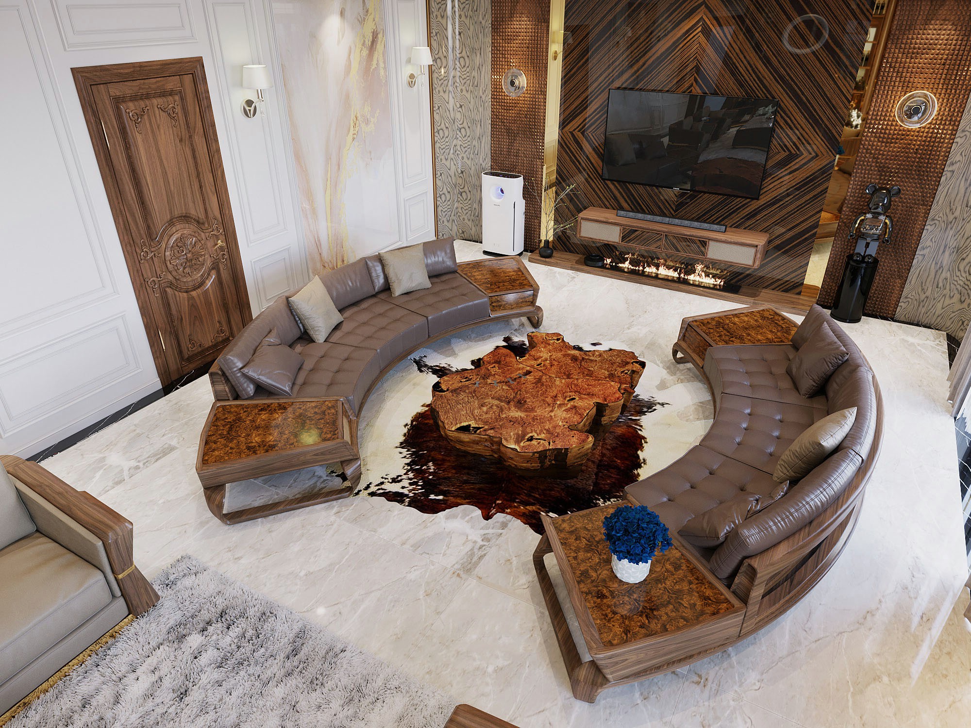 Bộ bàn ghế phòng khách gỗ óc chó thiết kế bán nguyệt sang trọng