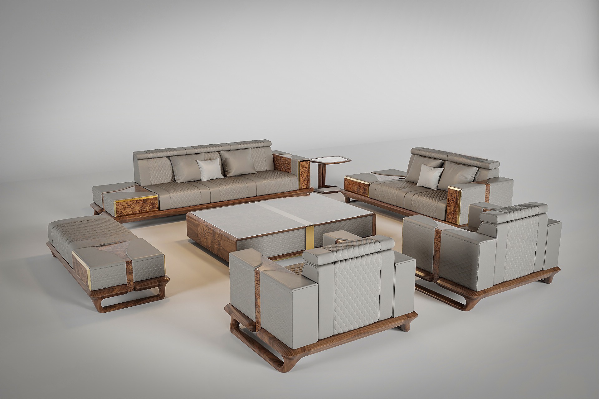 Bộ bàn ghế phòng khách hiện đại gỗ óc chó tự nhiên với đệm da ghi đá