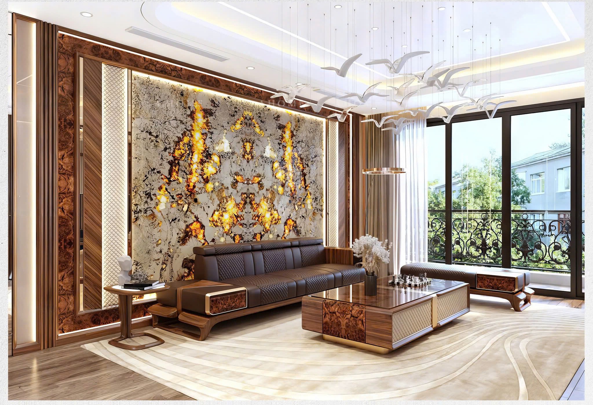 Bộ bàn ghế phòng khách nhỏ gỗ óc chó hoặc gỗ sồi hiện đại với bàn trà chữ nhật