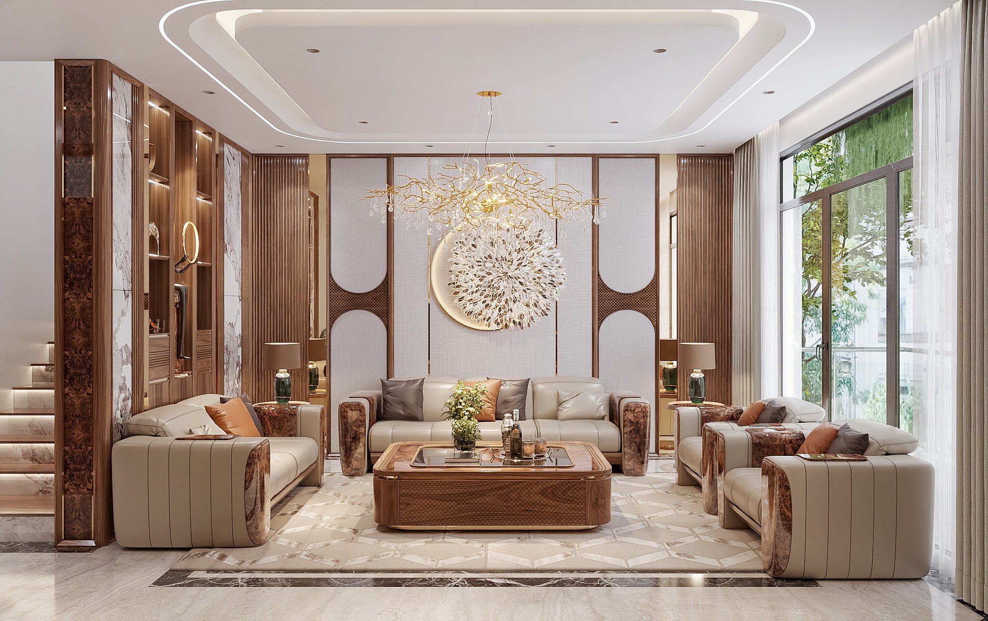 Bộ bàn ghế sofa gỗ phòng khách gỗ tự nhiên với sofa văng, ghế đơn và bàn trà mặt kính