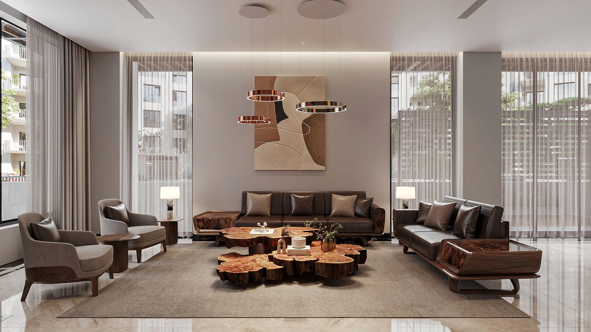 Bộ bàn ghế sofa gỗ walnut kích thước lớn phòng khách