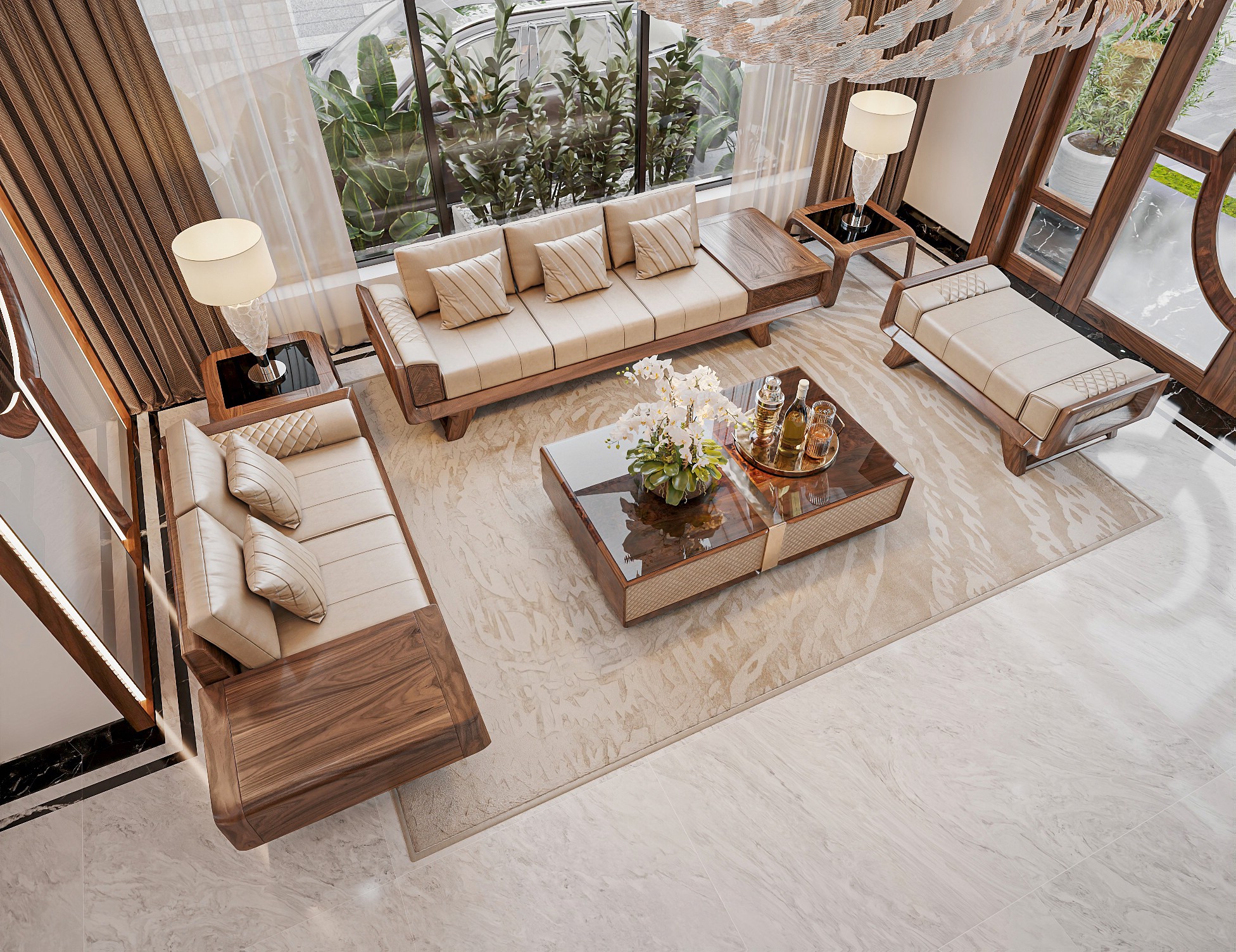 Bộ sofa gỗ óc chó kết hợp da bò và nu óc chó