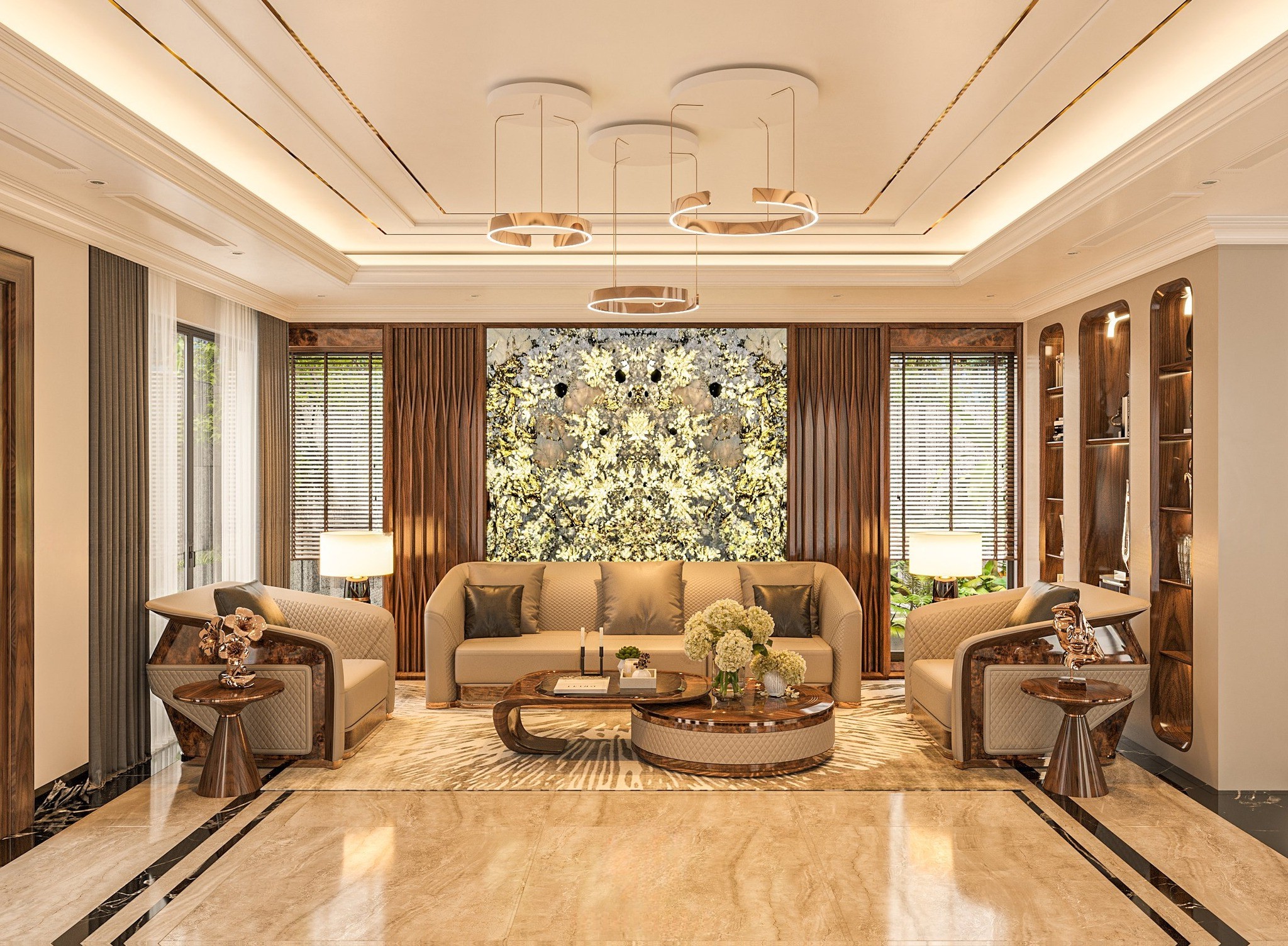 Bộ sofa gỗ phòng khách hiện đại với đệm da PU và bàn trà mặt đá đen