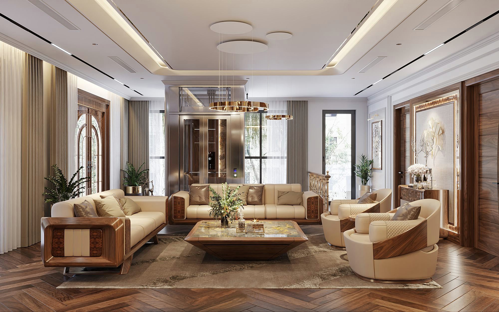 Bộ sofa gỗ phòng khách cao cấp khung tự nhiên và đệm da PU