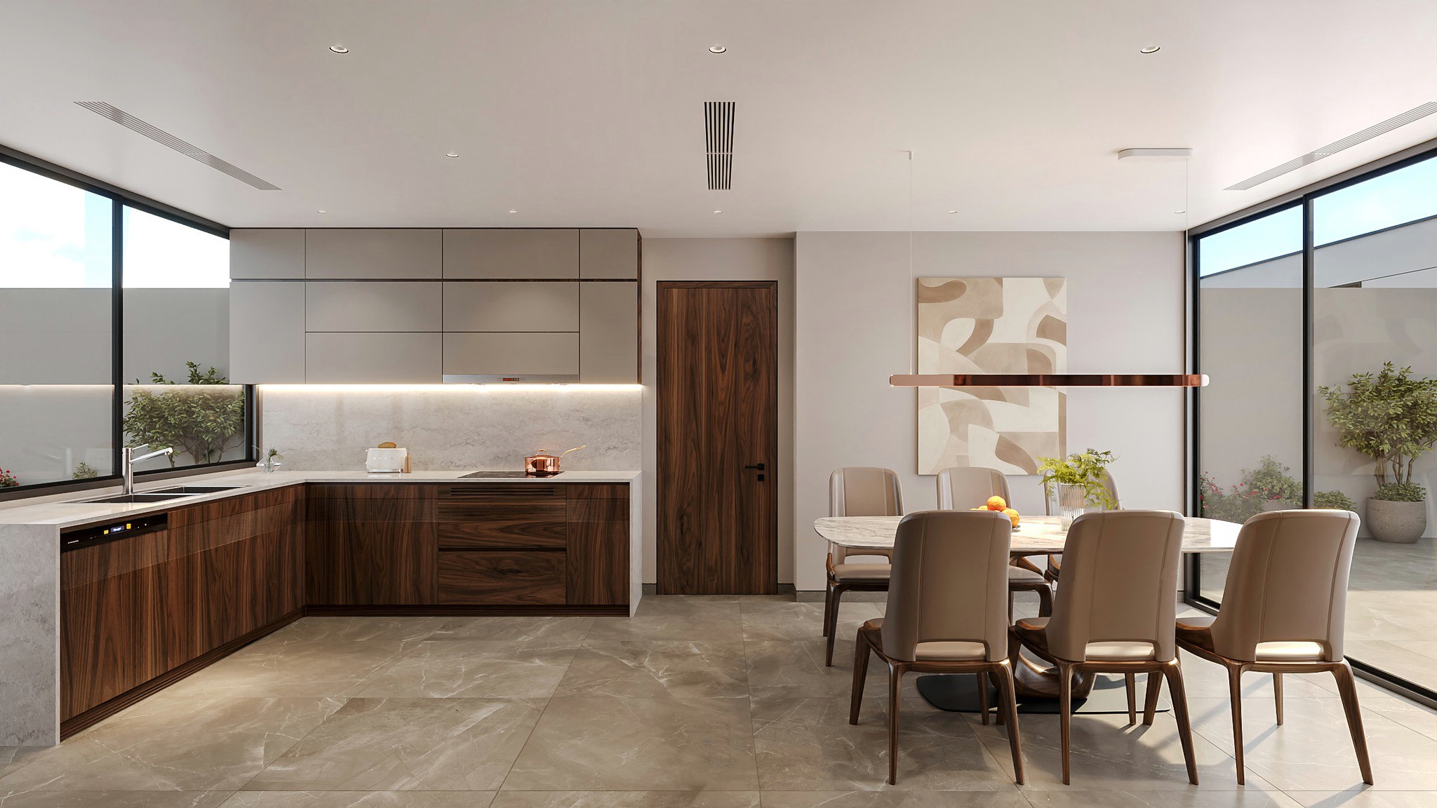 Bộ tủ bếp cao cấp chữ L gỗ óc chó và acrylic trắng ghi