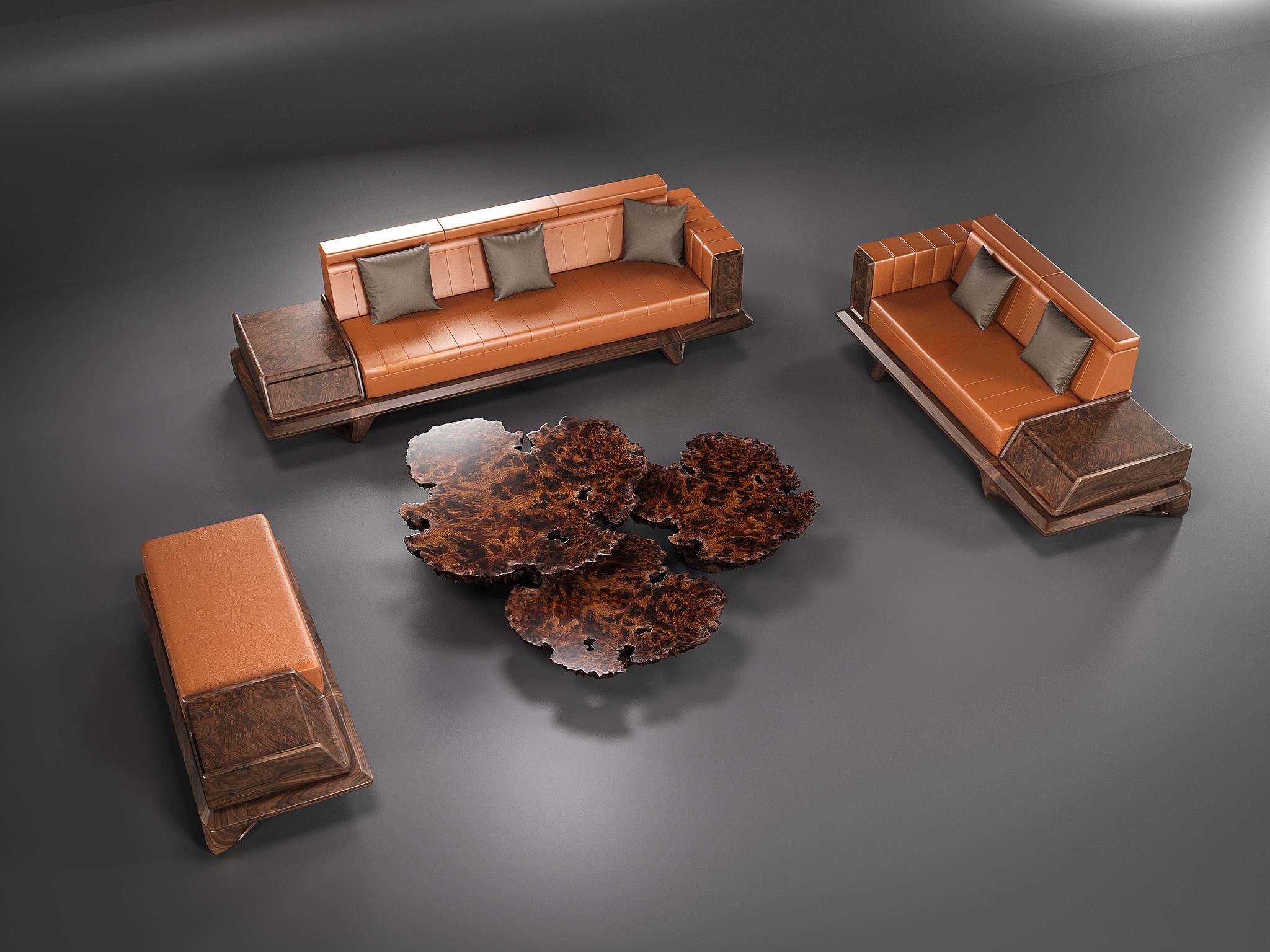 Các mẫu bàn ghế gỗ phòng khách luxury gỗ Tần Bì đệm da cam