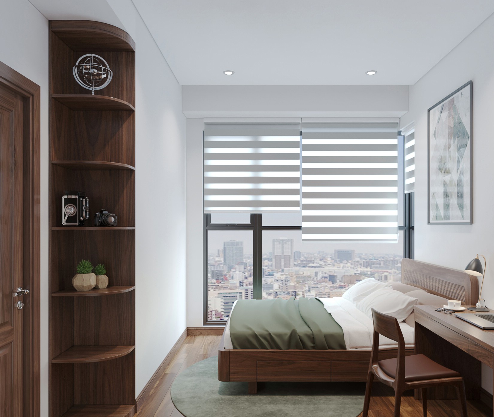Decor phòng ngủ nhỏ với giường gỗ tự nhiên và nội thất đa năng