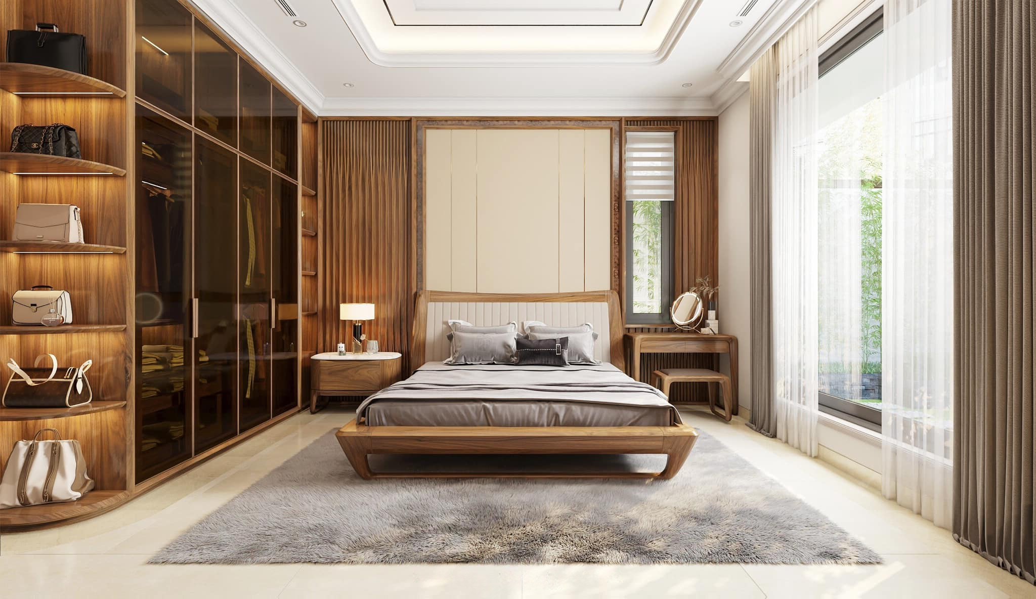Decor phòng ngủ với tủ kính gỗ sồi, giường bọc da trắng, không gian nâu – trắng tinh tế