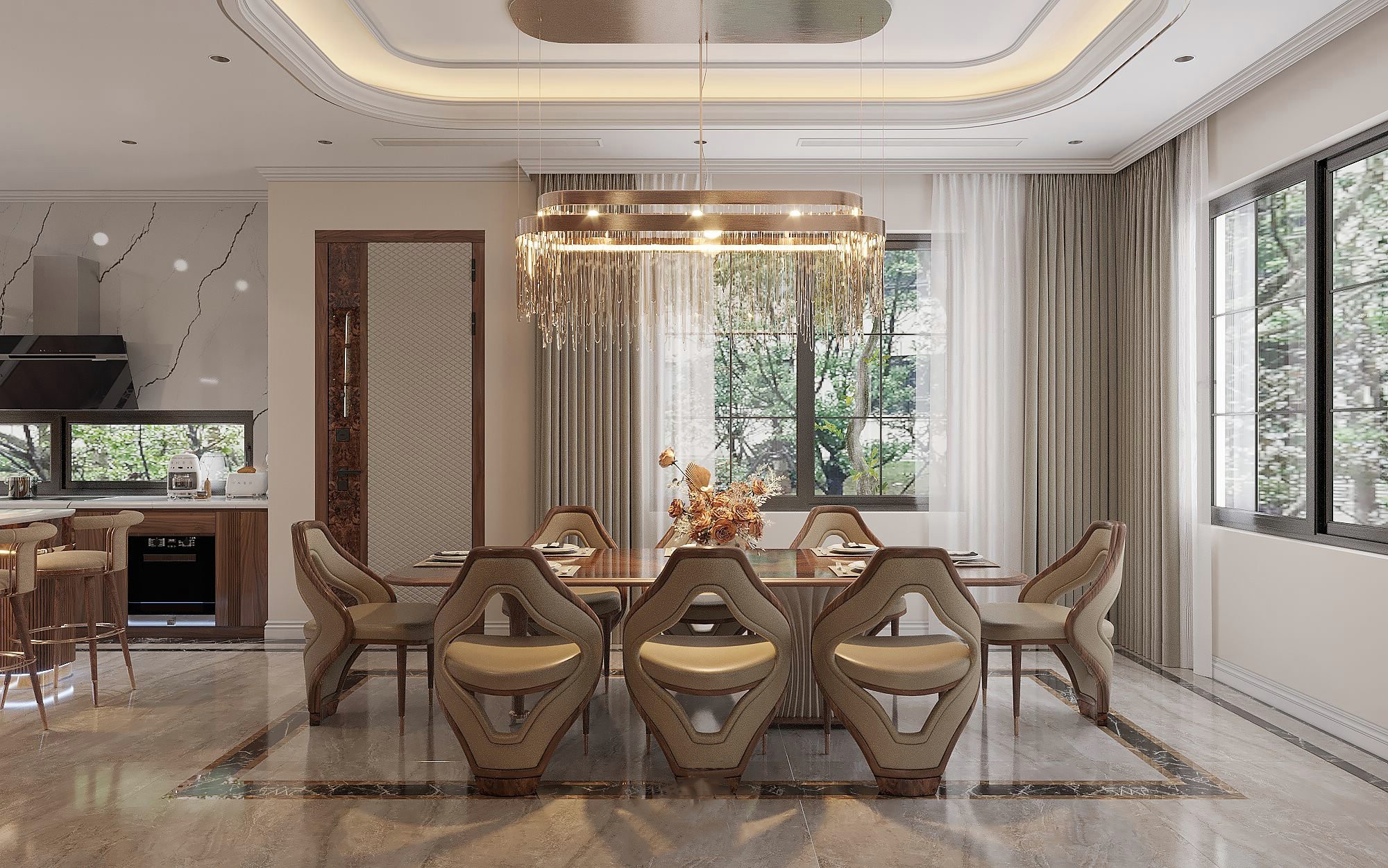 Ghê bàn ăn gỗ óc chó cao cấp, thiết kế cutout sang trọng