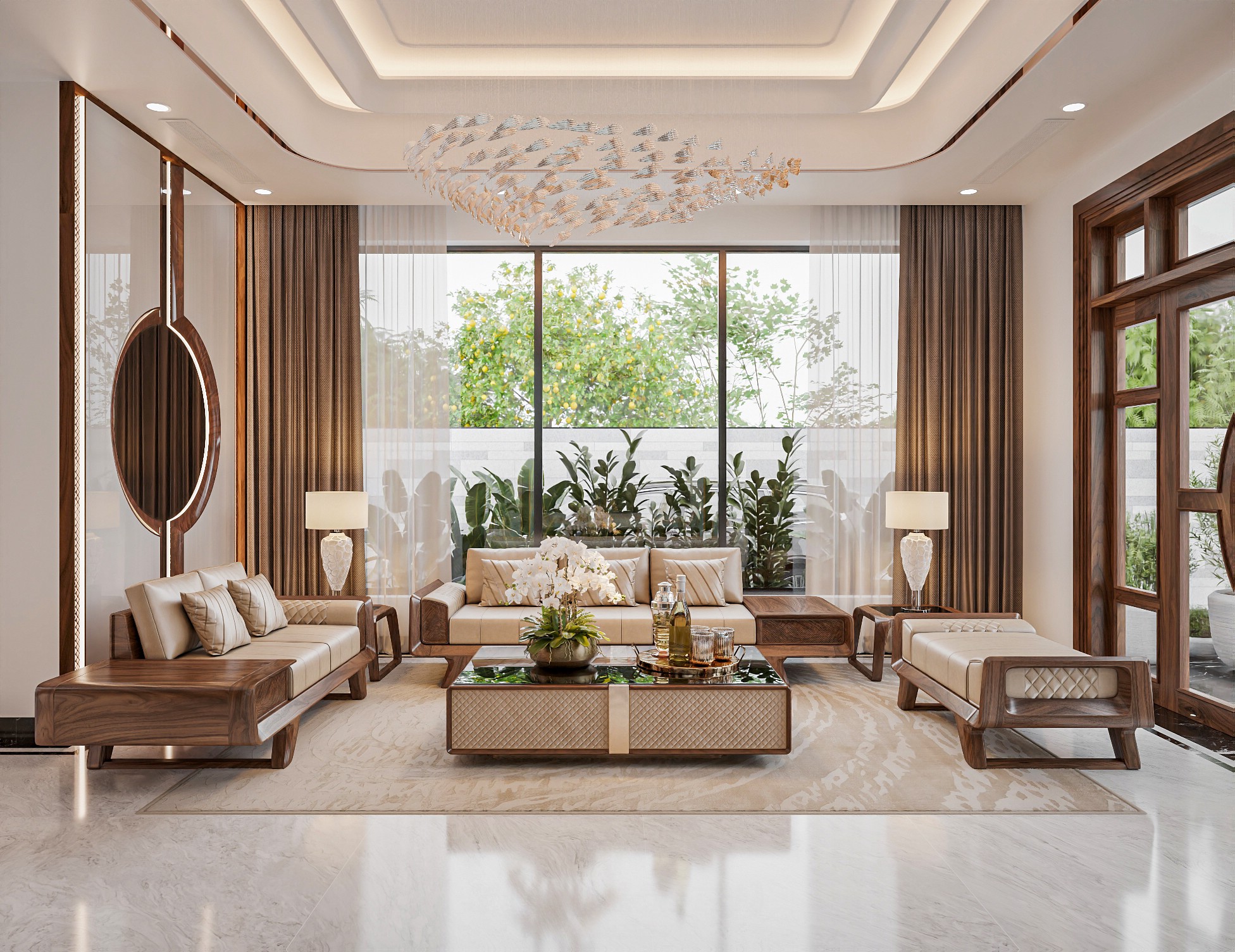 Ghế sofa gỗ đơn giản hiện đại với đệm bọc da màu be đậm cho phòng khách