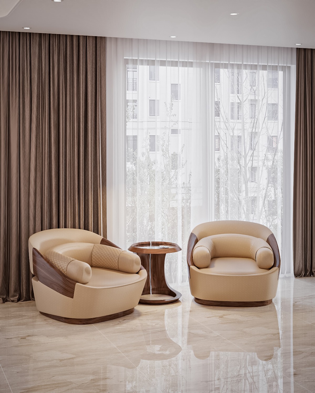 Ghế sofa gỗ tựa lưng vòm cung bọc da toàn bộ màu vàng kem sang trọng