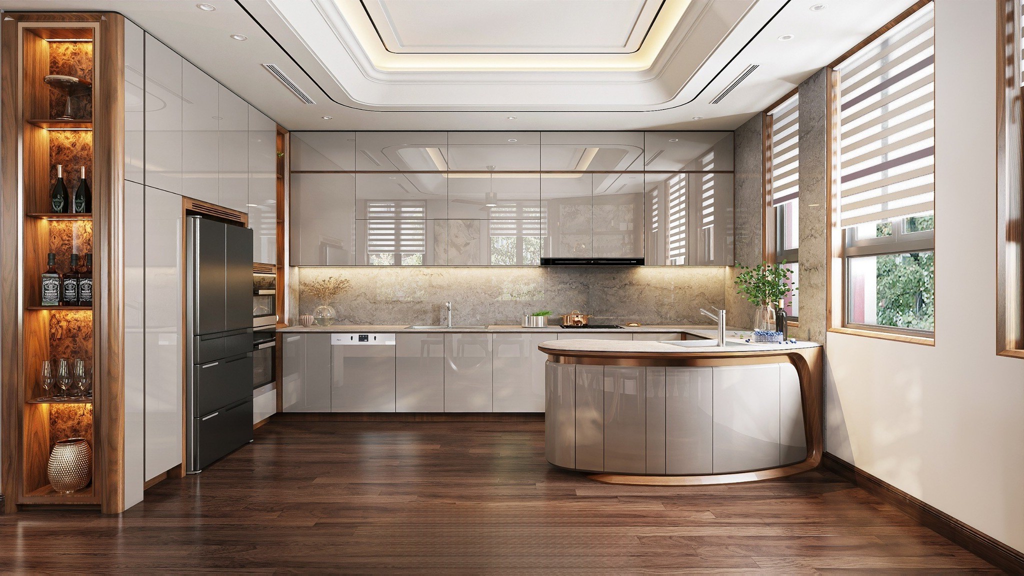 Giá tủ bếp nhựa acrylic chữ U hiện đại với bàn đảo và kệ rượu veneer nu